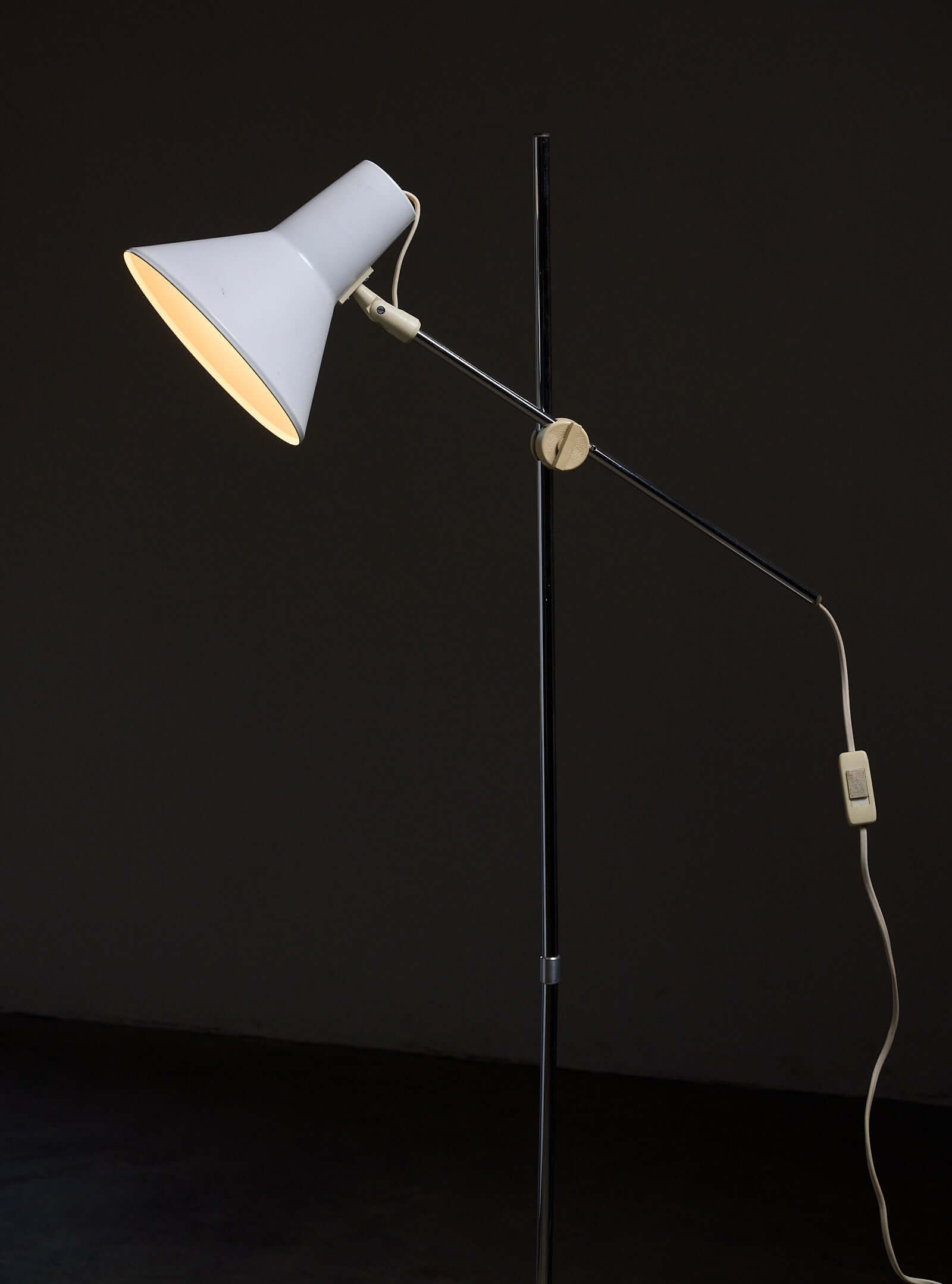 Adjustable Floor Lamp in White Enamel and Chrome, 1970s showcasing minimalist design with conical shade.