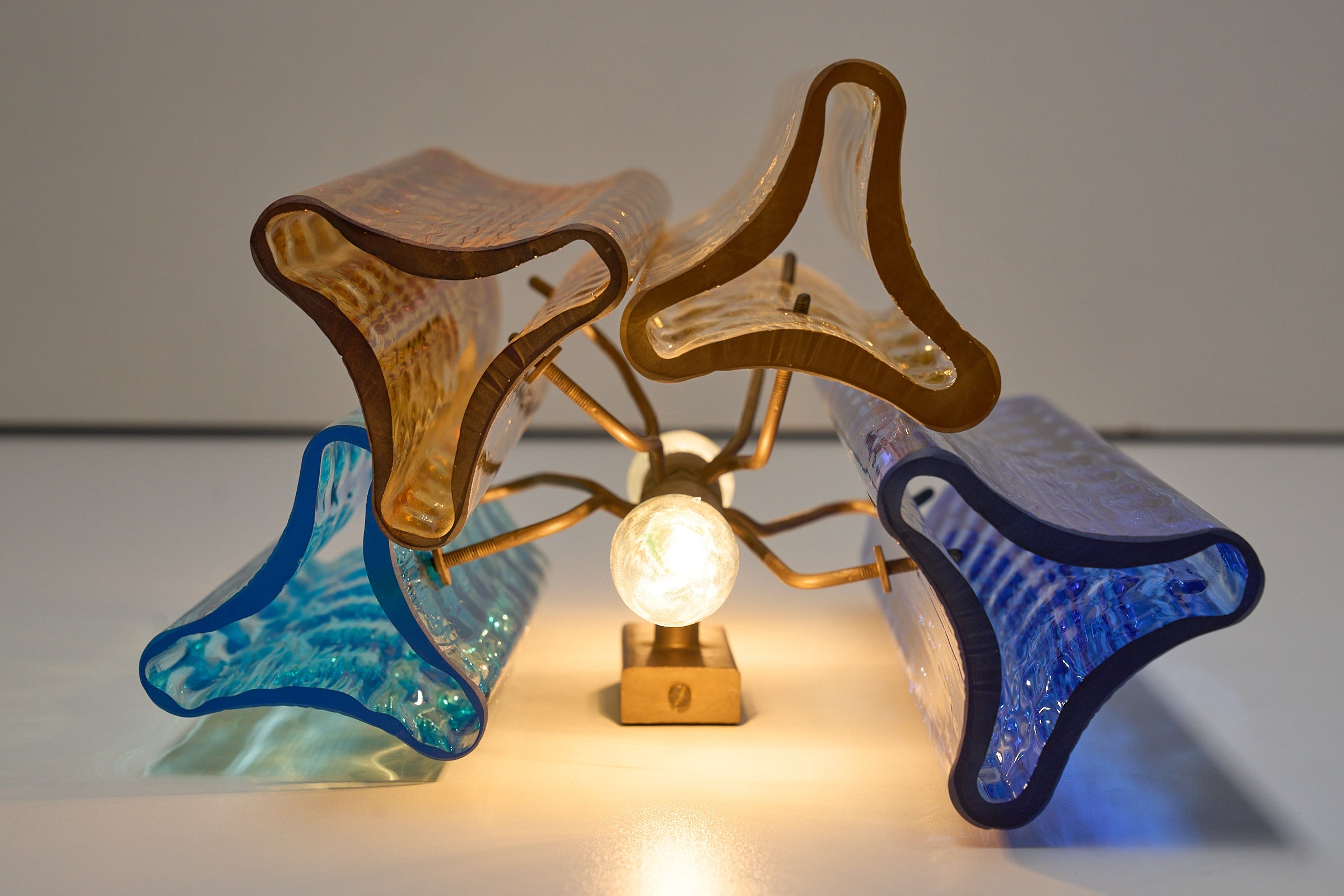 Unique pair of multicolor Murano glass wall lamps by Salviati & Co., Italy, circa 1970s with sculptural panels.