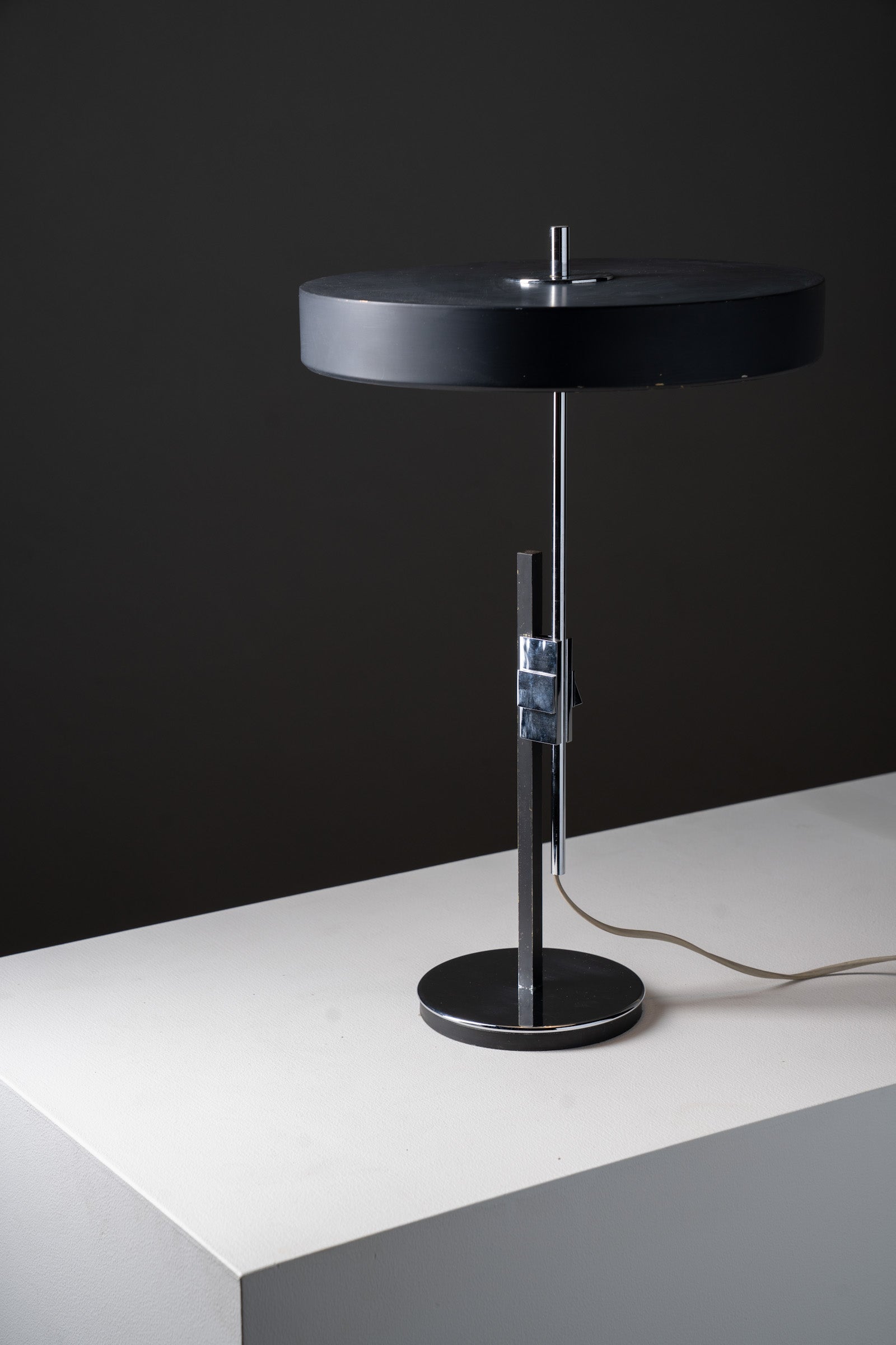 Adjustable Anthracite Table Lamp in Chrome, 1970s on a white surface with a dark background.