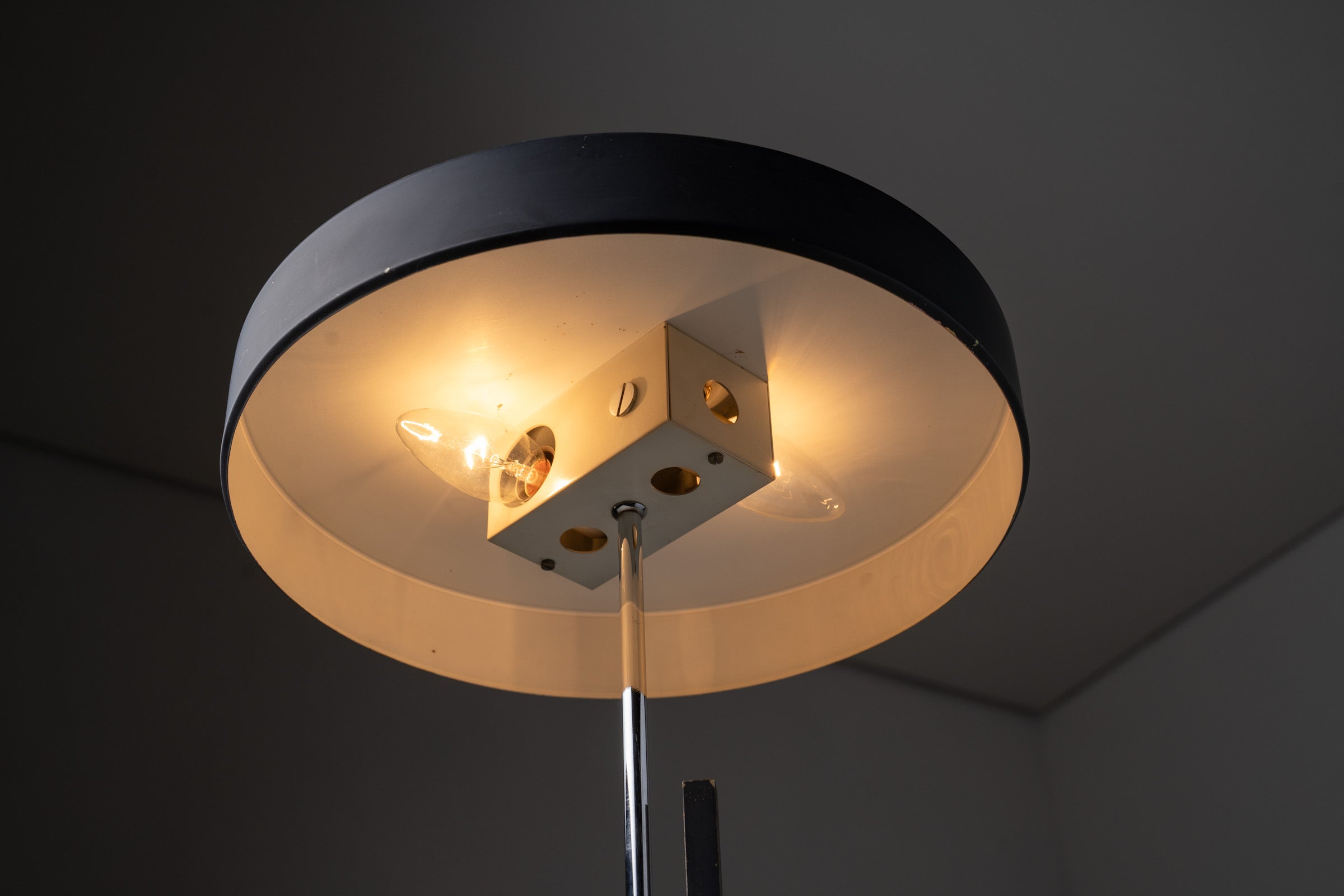 Adjustable Anthracite Table Lamp in Chrome, 1970s with round shade and chrome fixture.