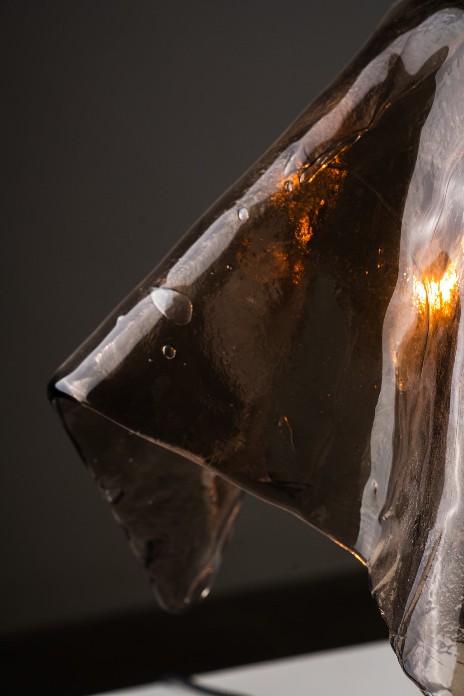 Close-up of the hand-blown smoked glass shade of the Carlo Nason for Mazzega Fazzoletto Table Lamp, 1970s.