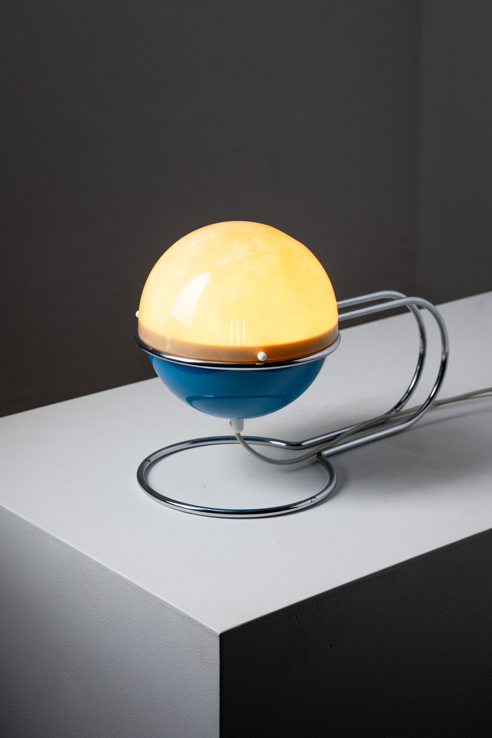 Blue Space Age “Formland” Table Lamp by Sidse Werner and Leif Alring for Fog & Mørup, Denmark, 1970s on a grey surface.