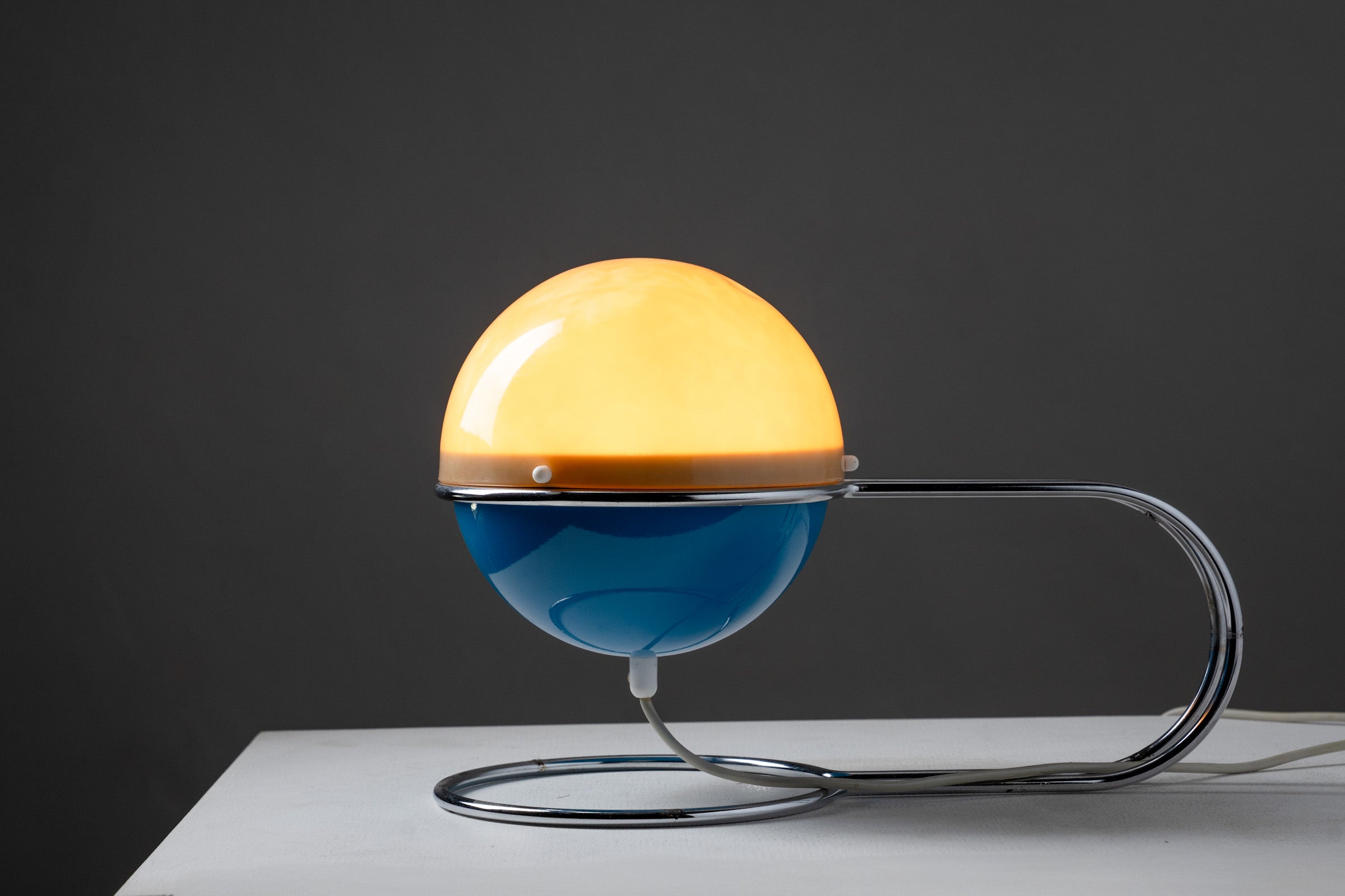 Blue Space Age “Formland” Table Lamp by Sidse Werner and Leif Alring for Fog & Mørup, Denmark, 1970s on a white table.