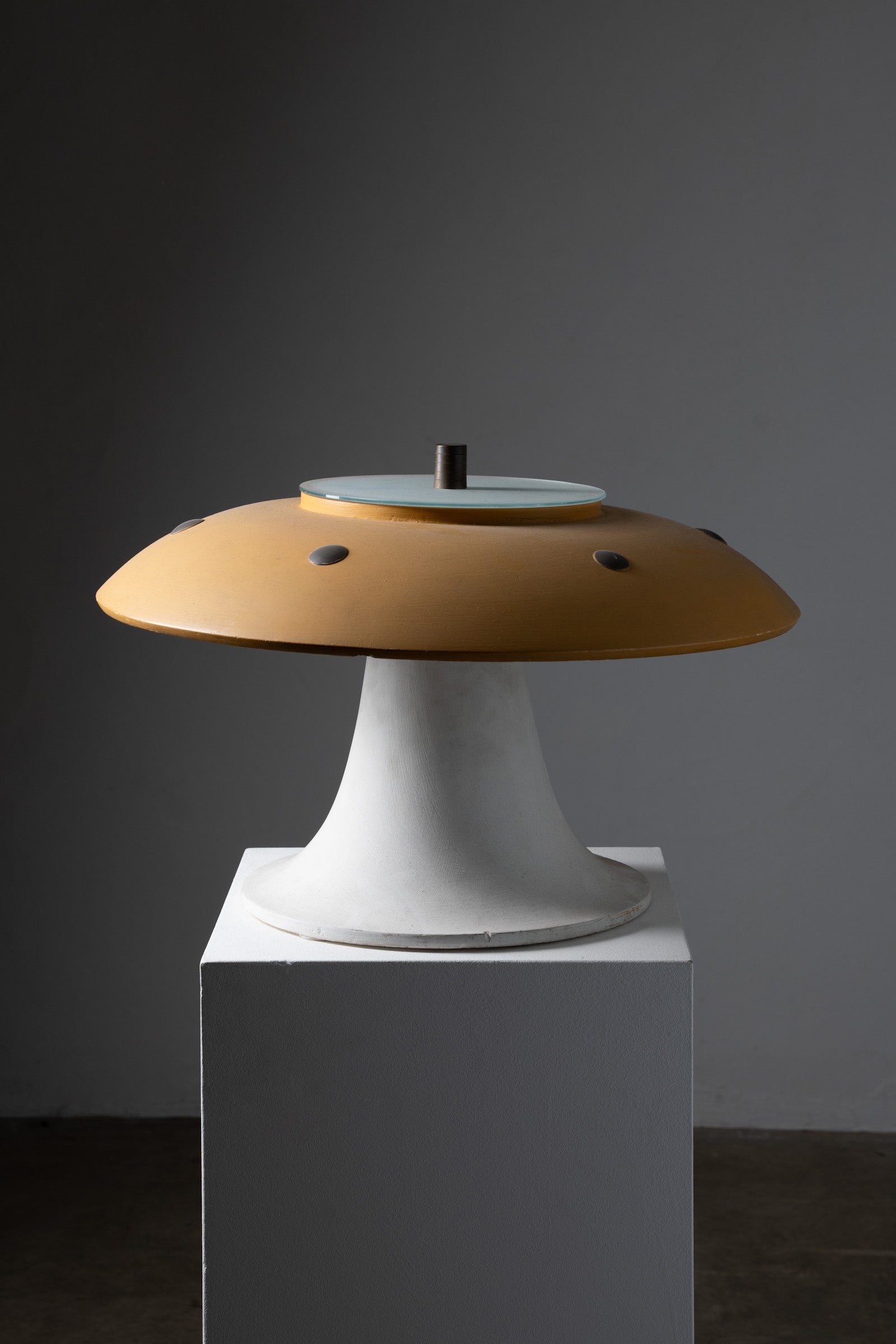 Huge Vintage Mushroom Table Lamp, 1960s on display with yellow shade and white base.