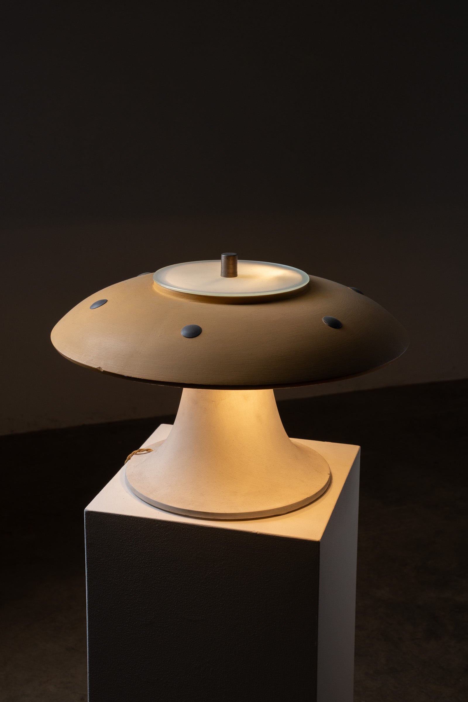 Huge Vintage Mushroom Table Lamp, 1960s with yellow shade and white base illuminating softly.
