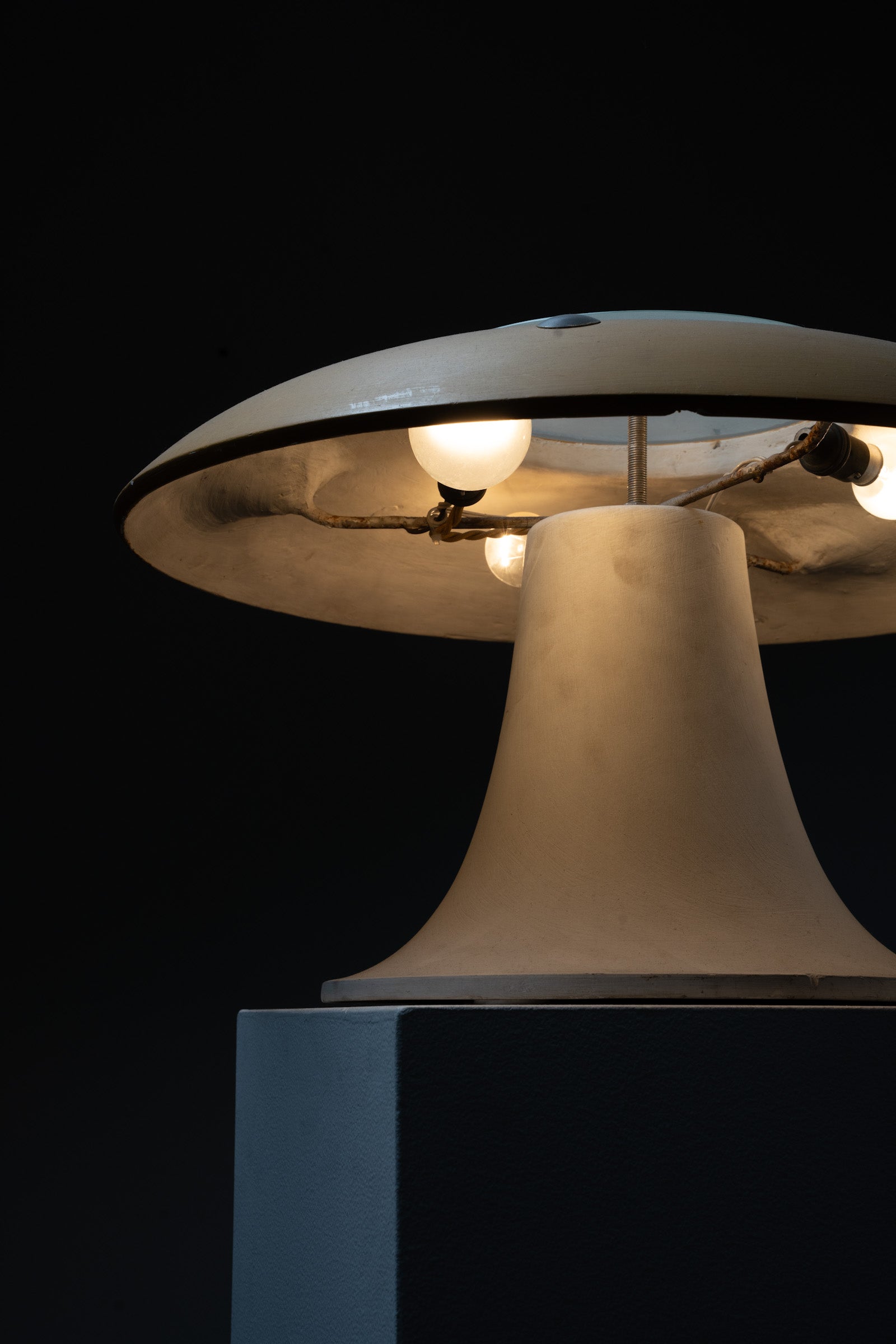 Huge Vintage Mushroom Table Lamp, 1960s with a soft white base and circular yellow shade, featuring glowing bulbs.
