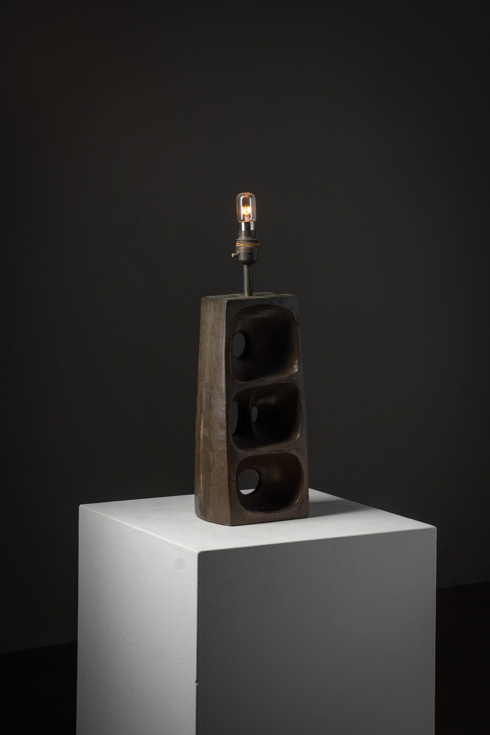 Brutalist Ceramic Table Lamp, 1970s with a unique open geometric form and textured surface, showcasing a bronzed finish.
