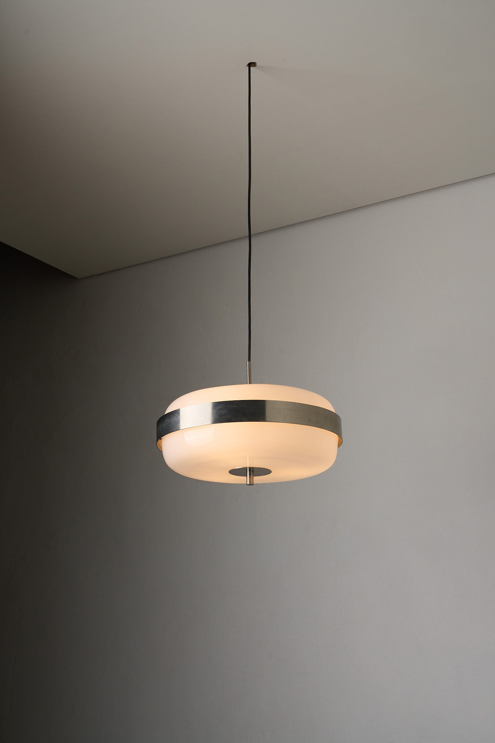 Artiforte H1018 Ceiling Lamp in Opaline Acrylic and Brushed Nickel, 1970s, showcasing modern design and warm illumination.