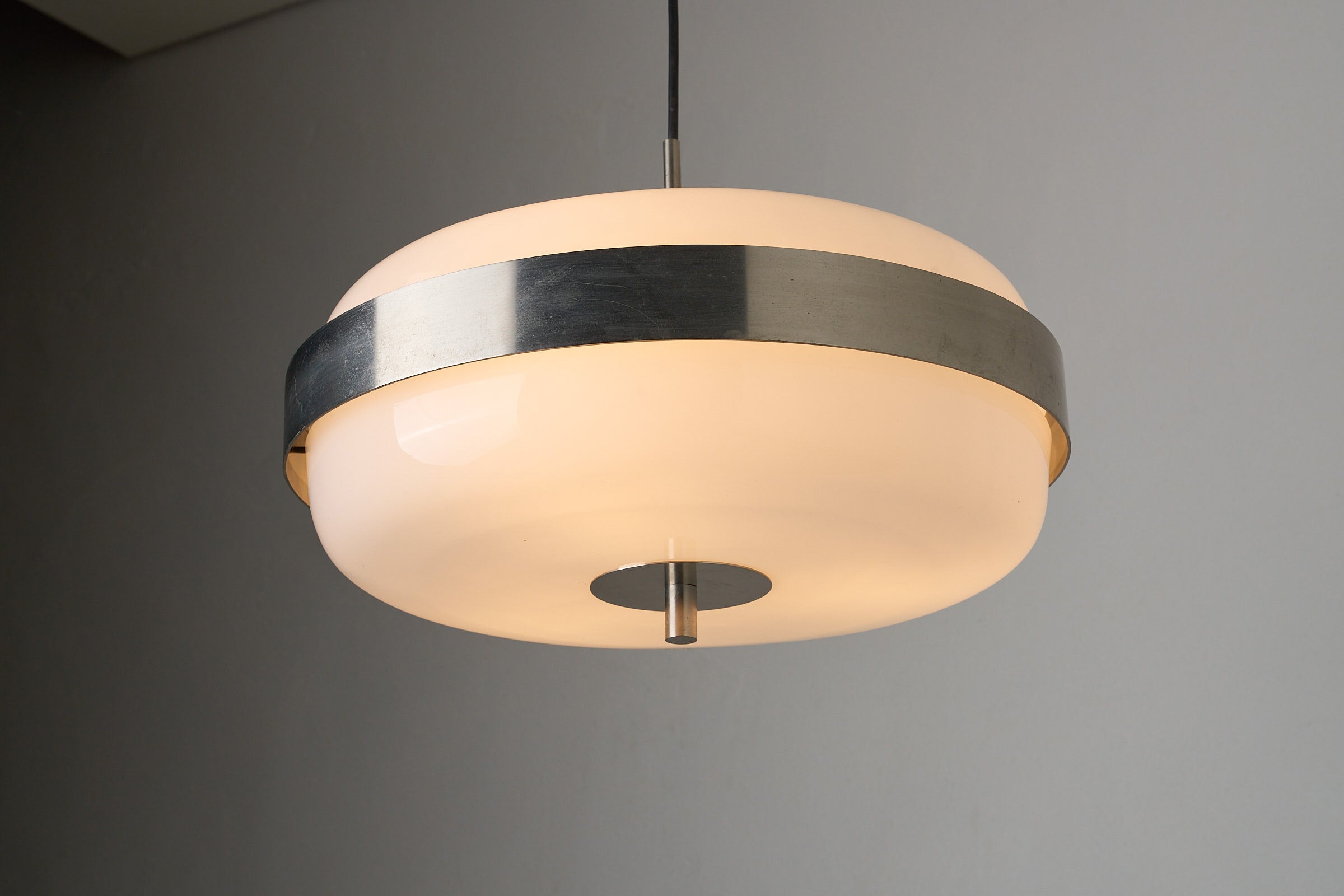Artiforte H1018 Ceiling Lamp in Opaline Acrylic and Brushed Nickel, 1970s hanging pendant light