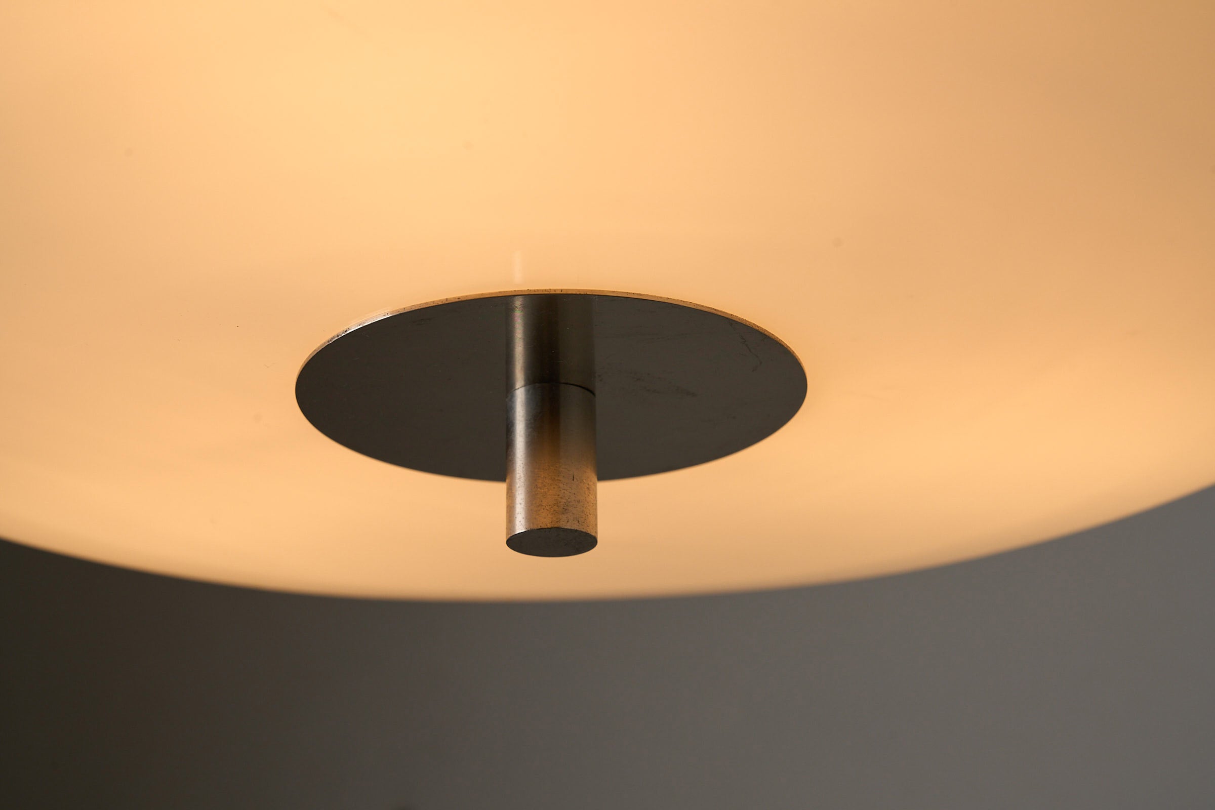 Artiforte H1018 Ceiling Lamp in Opaline Acrylic and Brushed Nickel, 1970s close-up view of brushed nickel detail.