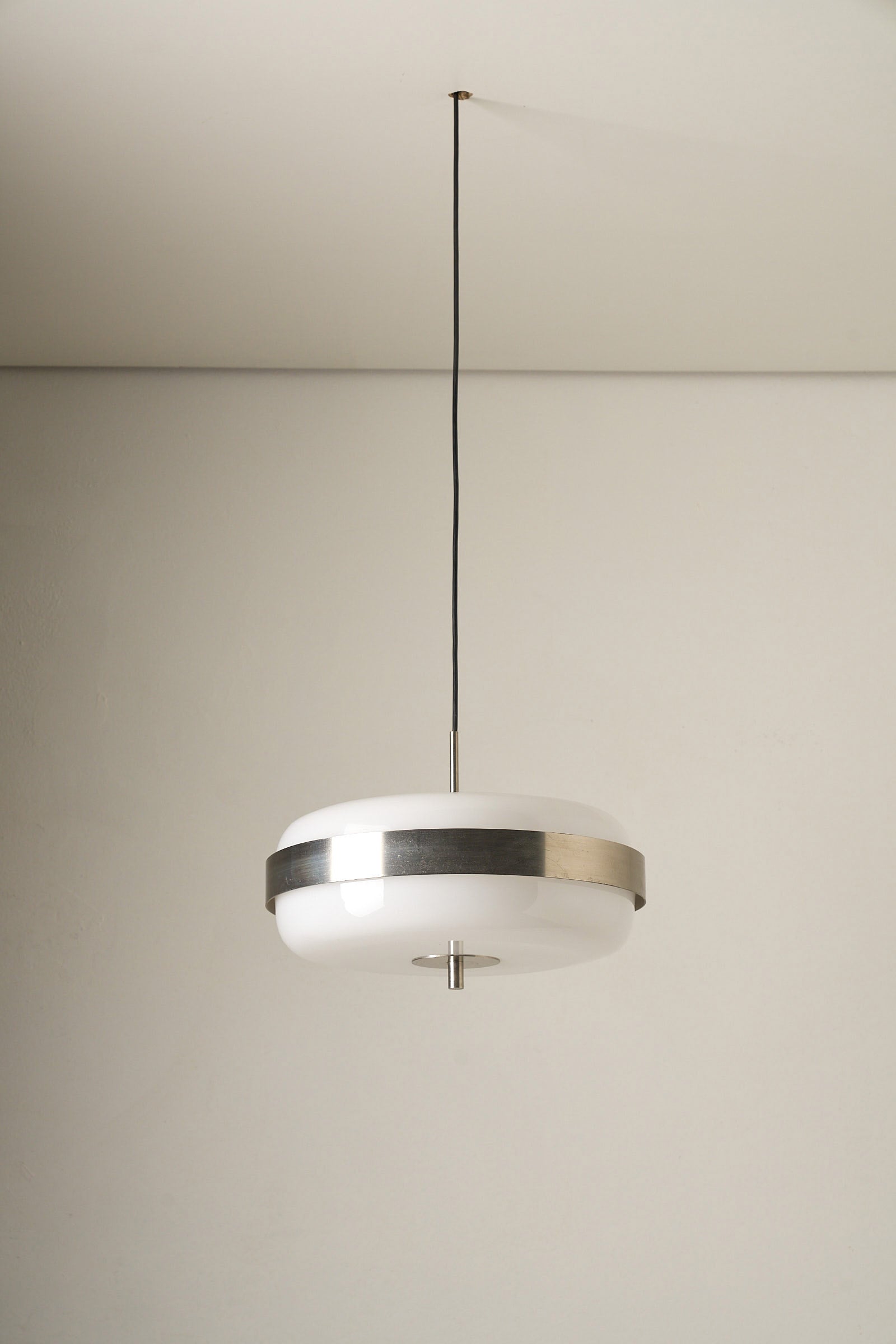 Artiforte H1018 Ceiling Lamp in Opaline Acrylic and Brushed Nickel, 1970s hanging from ceiling