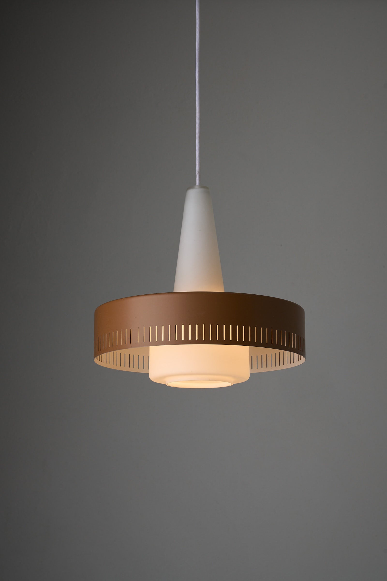 Pendant Lamp by Bent Karlby for Fog & Mørup, Denmark, 1960s, featuring opaline glass and perforated caramel metal shade.