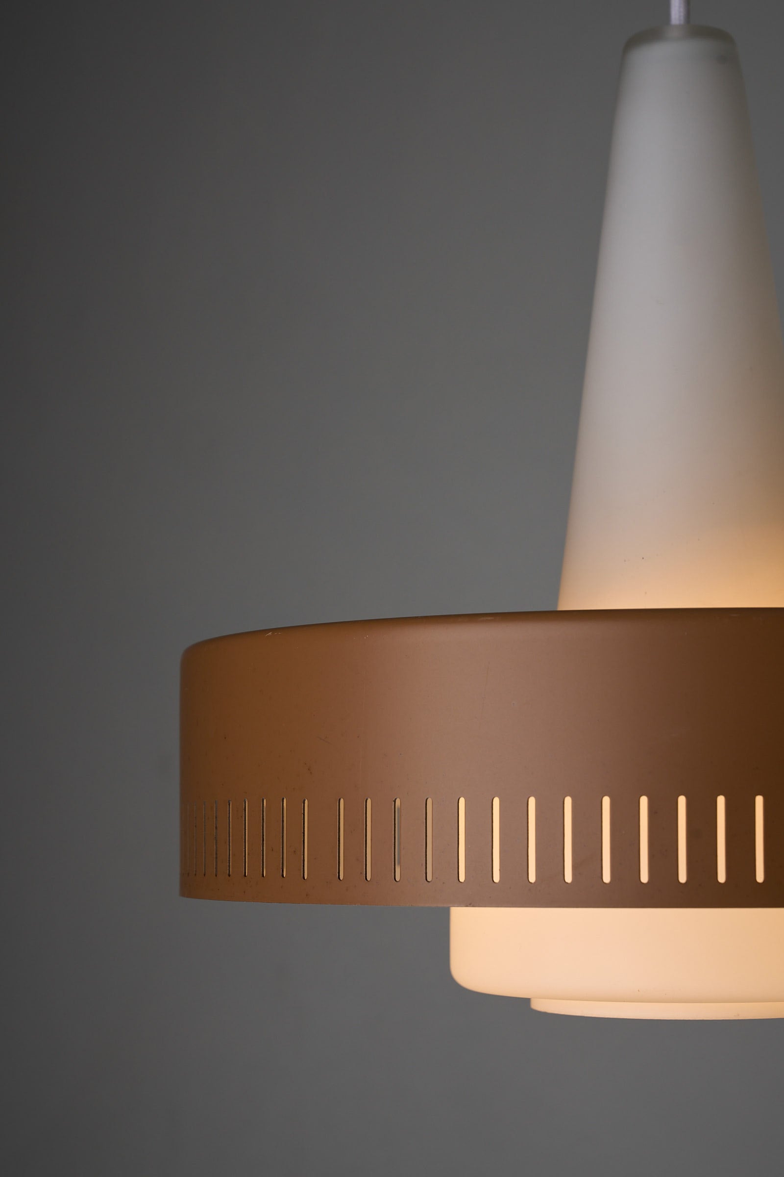 Pendant Lamp by Bent Karlby for Fog & Mørup, Denmark, 1960s with opaline glass and caramel metal shade.