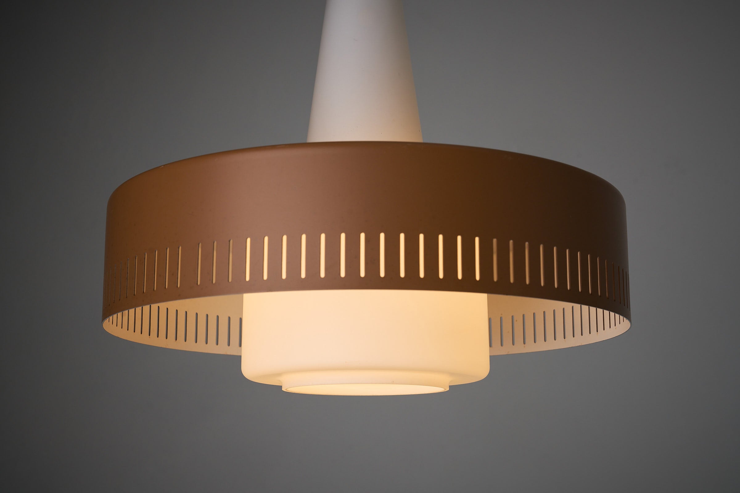 Pendant Lamp by Bent Karlby for Fog & Mørup, Denmark, 1960s featuring opaline glass and caramel metal shade.
