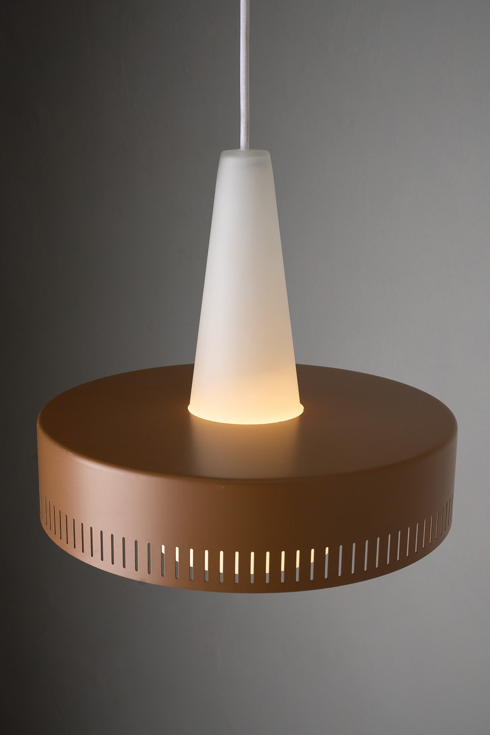 Pendant Lamp by Bent Karlby for Fog & Mørup, Denmark, 1960s featuring opaline glass and caramel metal shade.