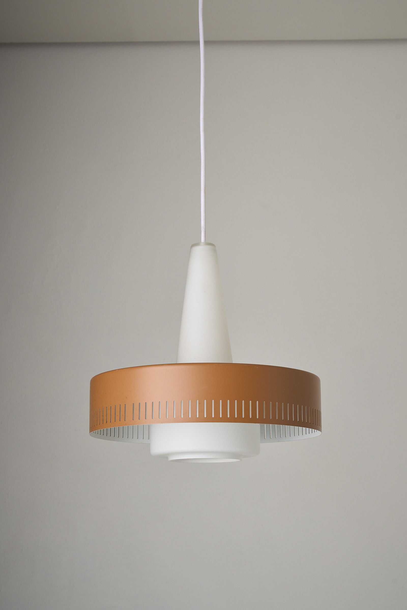 Pendant Lamp by Bent Karlby for Fog & Mørup, Denmark, 1960s featuring opaline glass and caramel metal shade.