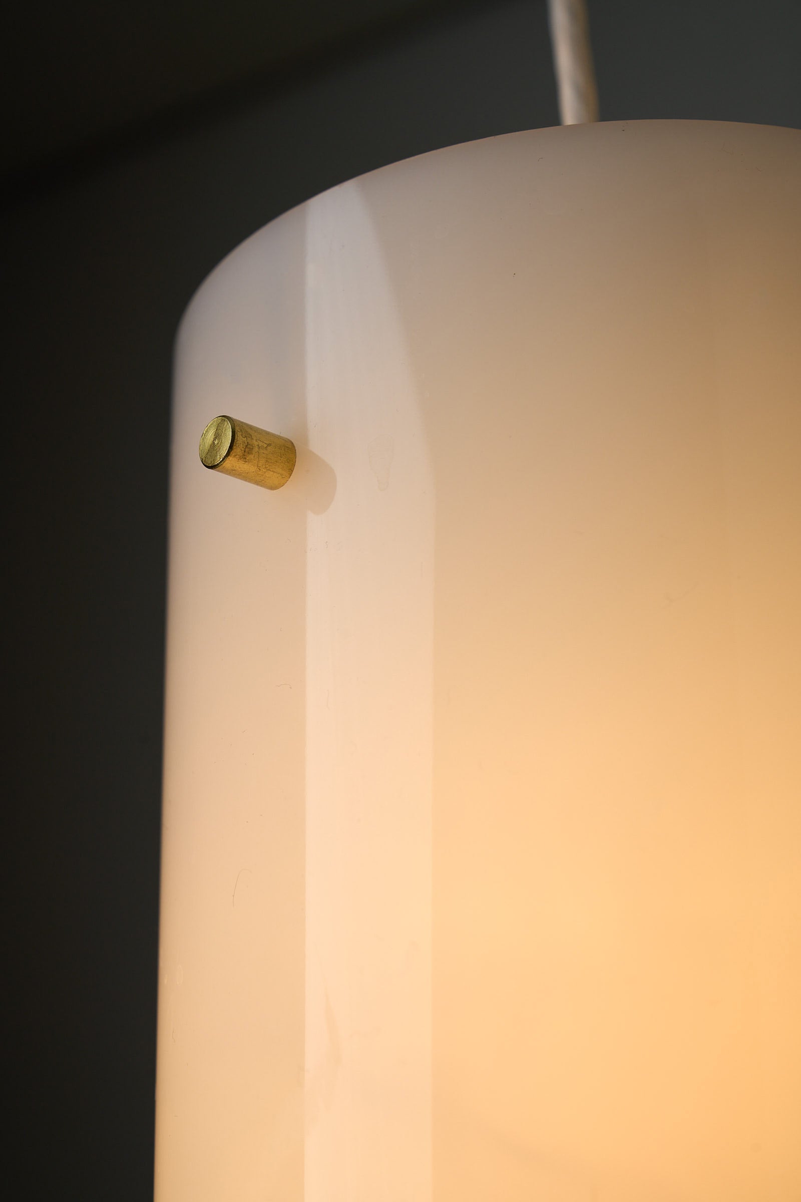 Tubular Acrylic Ceiling Lamp by Fog & Mørup, Denmark, 1960s close-up showing brass fittings.