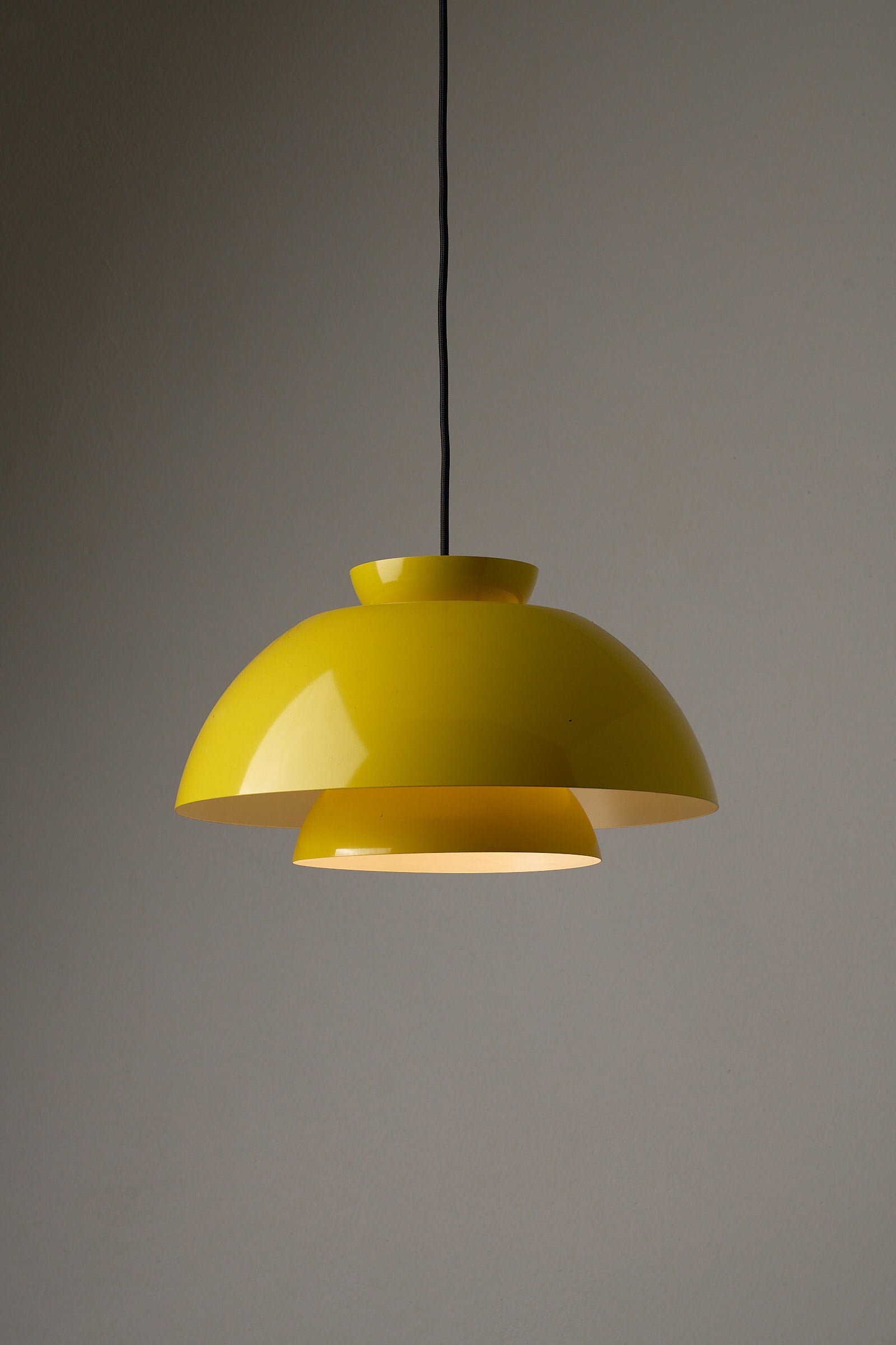 Fog & Mørup Yellow Metal Pendant Lamp, Denmark, 1960s - Vintage triple shade ceiling light in yellow enamel.