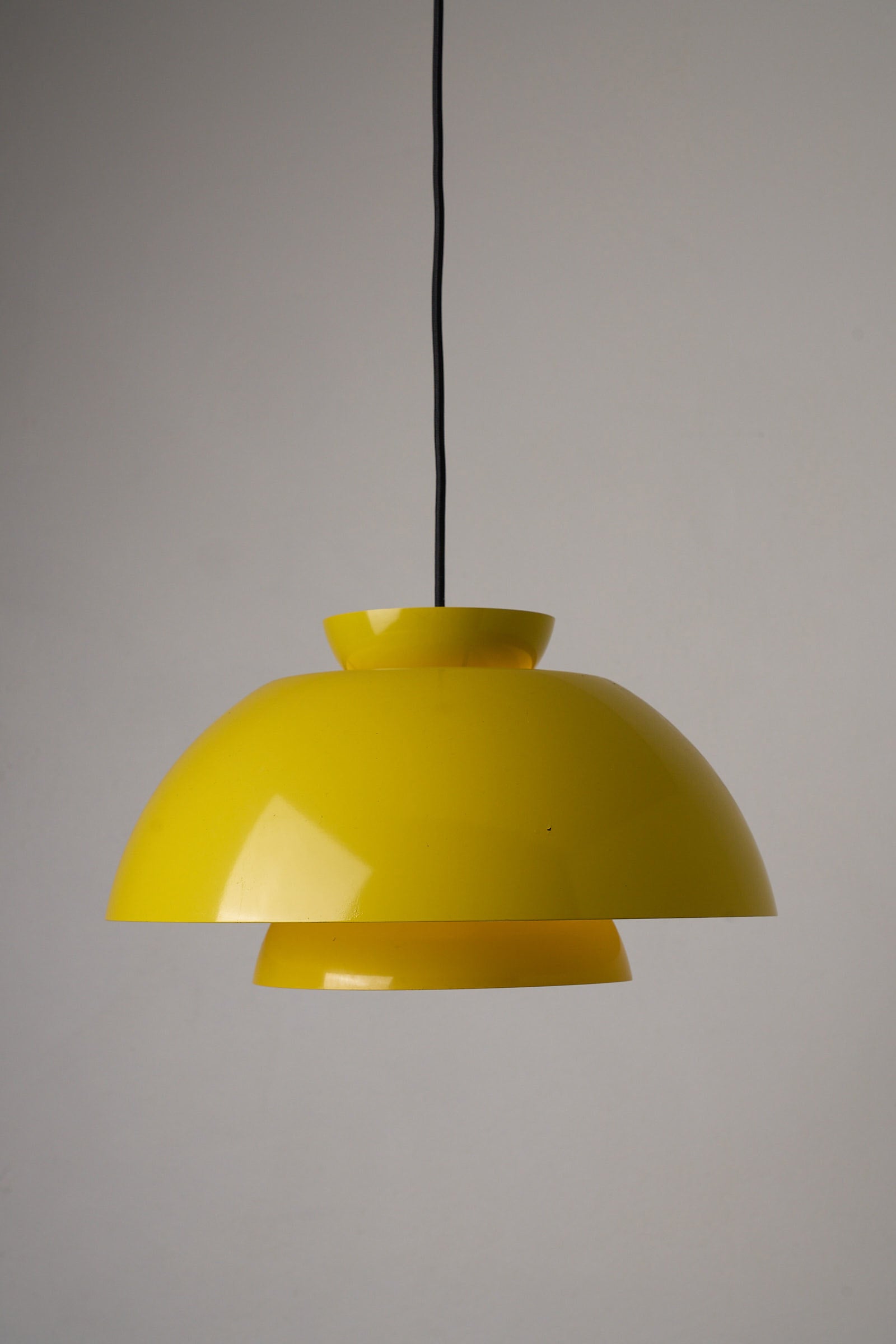 Fog & Mørup Yellow Metal Pendant Lamp, Denmark, 1960s hanging light with triple shade design.