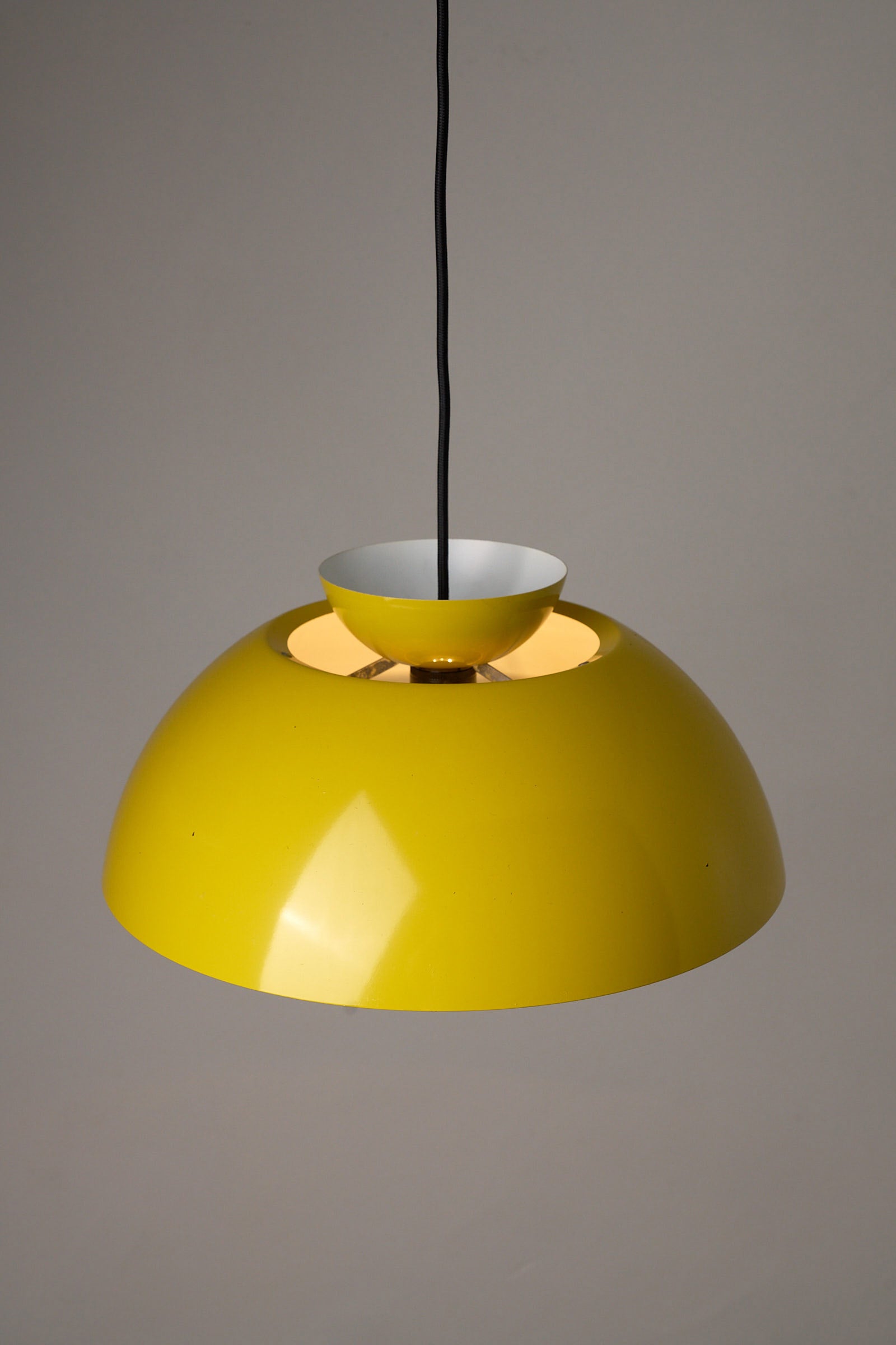 Fog & Mørup Yellow Metal Pendant Lamp, Denmark, 1960s - Vintage triple shade ceiling lamp with yellow enamel finish.