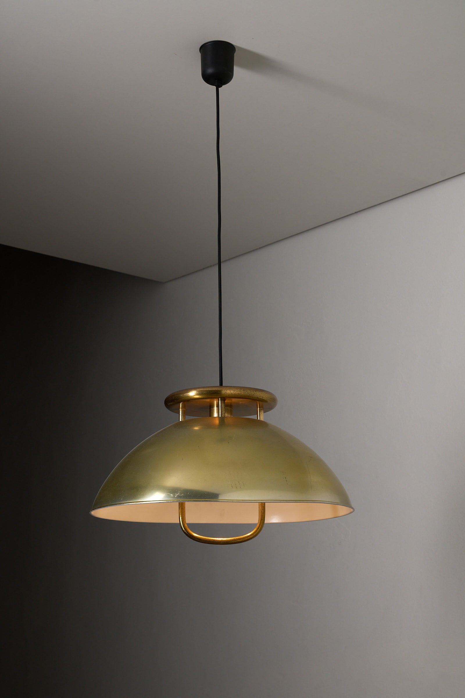 Brass Pendant Ceiling Lamp, 1960s, Scandinavian Design with a wide domed shade and central ring detail.