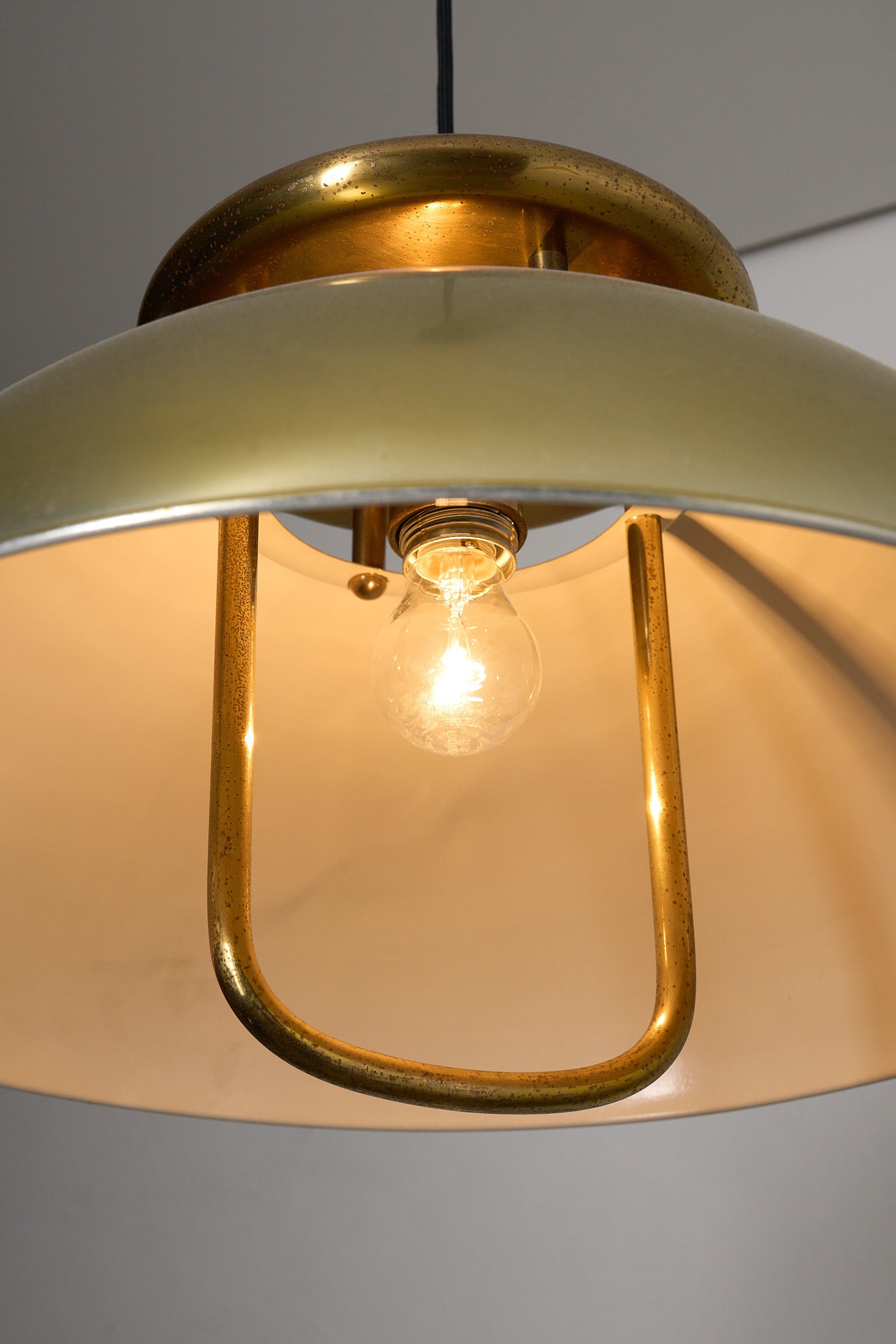 Brass Pendant Ceiling Lamp, 1960s, Scandinavian Design with a wide domed shade and soft downward light.