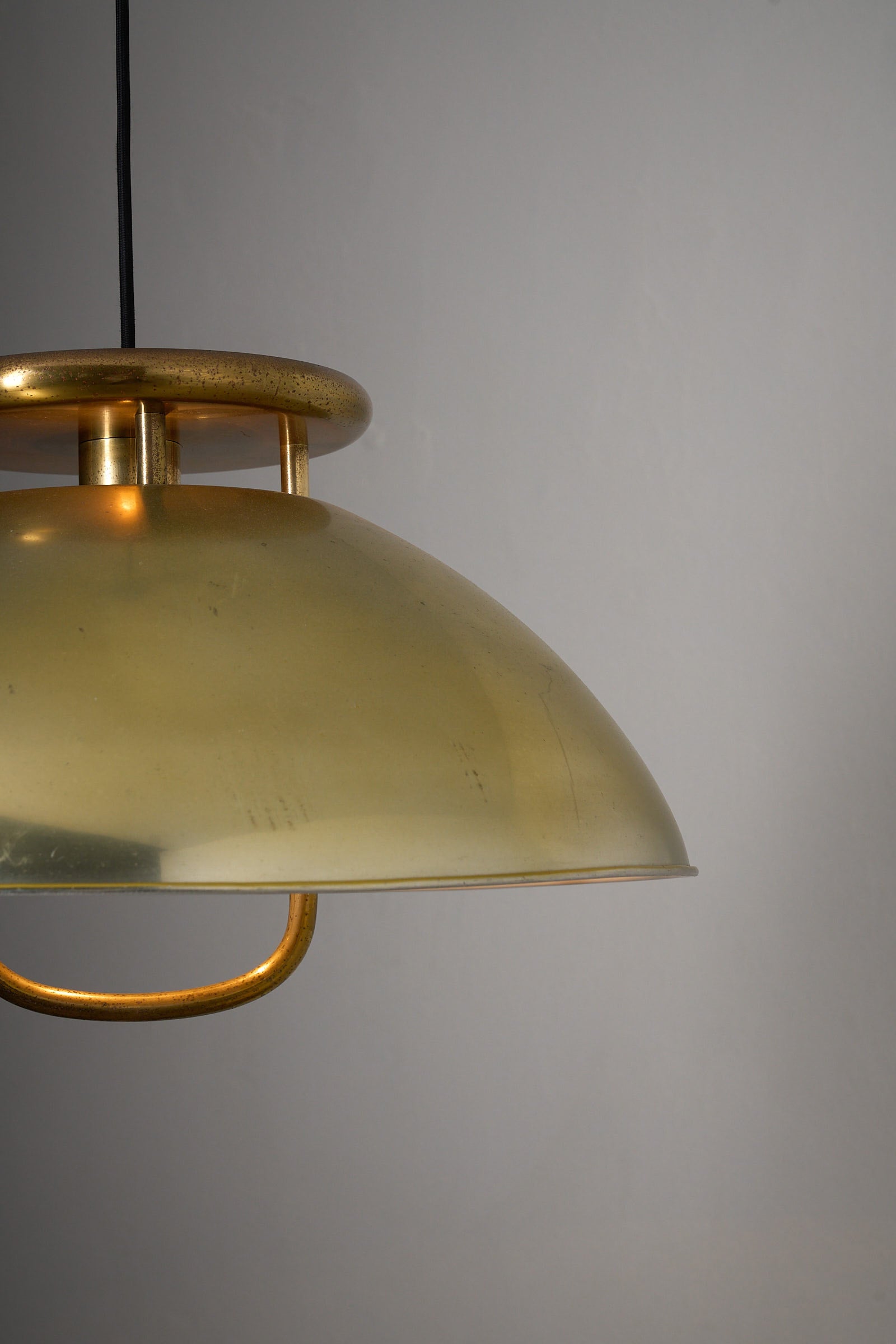 Brass Pendant Ceiling Lamp, 1960s, Scandinavian Design featuring a wide domed shade and central ring detail.