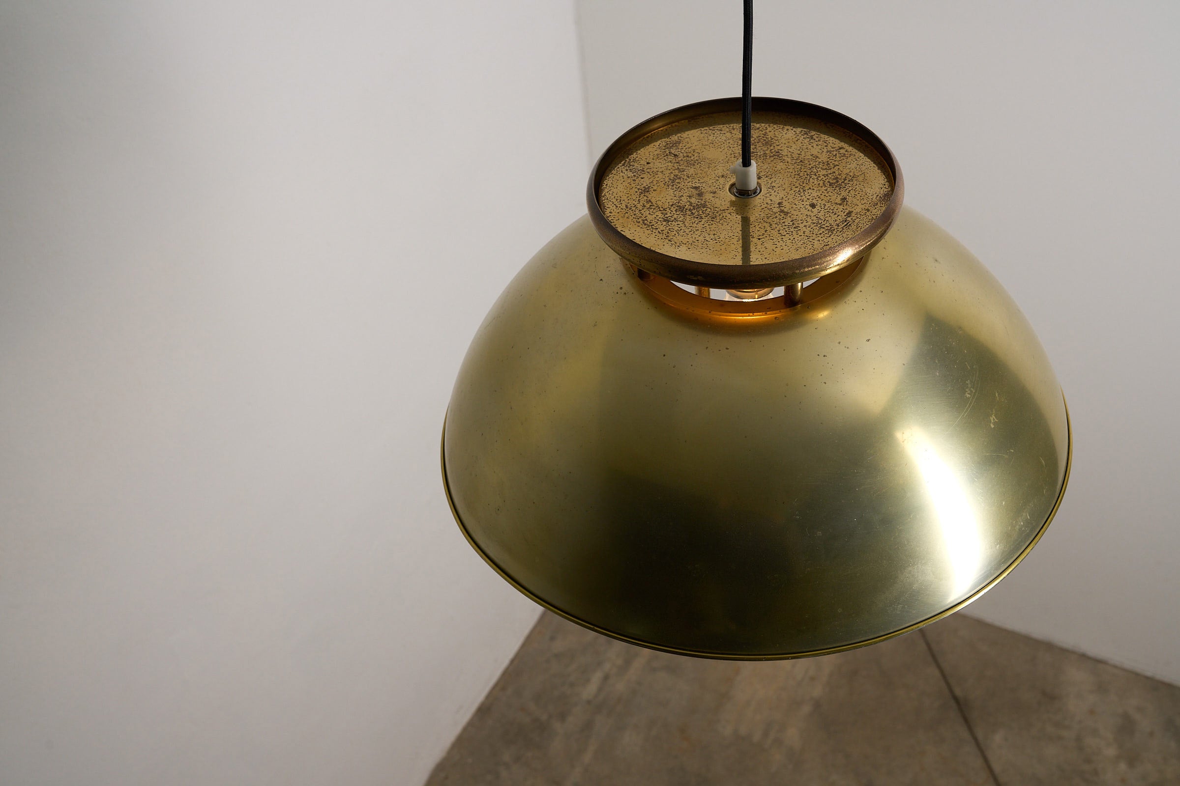 Brass Pendant Ceiling Lamp, 1960s, Scandinavian Design showcased with a wide domed shade and central ring detail.