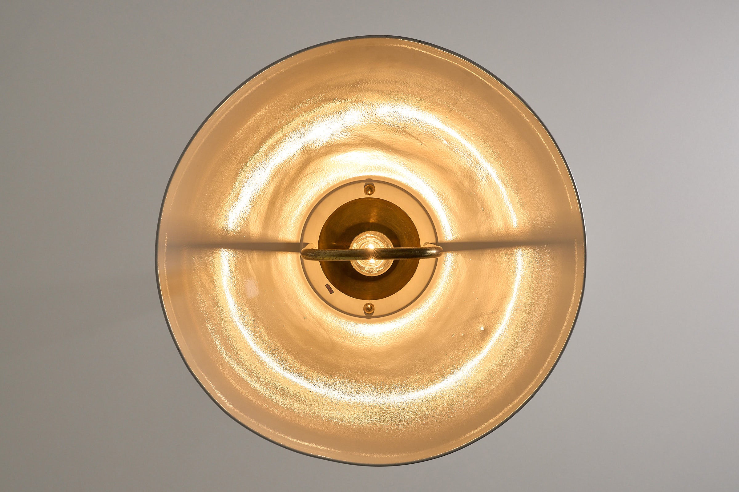 Brass Pendant Ceiling Lamp, 1960s, Scandinavian Design - view from above showing the domed shade and central light.
