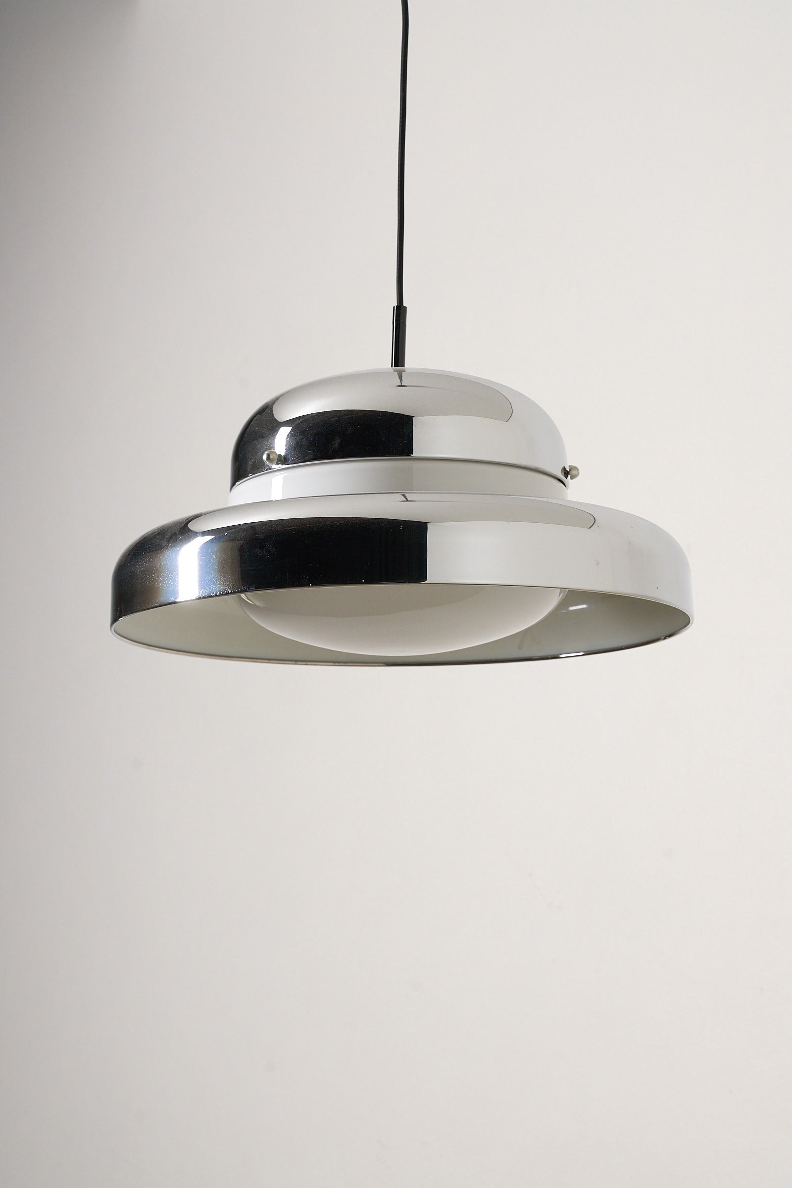 Cosack Chrome Pendant with Opaline Glass Diffuser, 1960s hanging light fixture against a neutral background.
