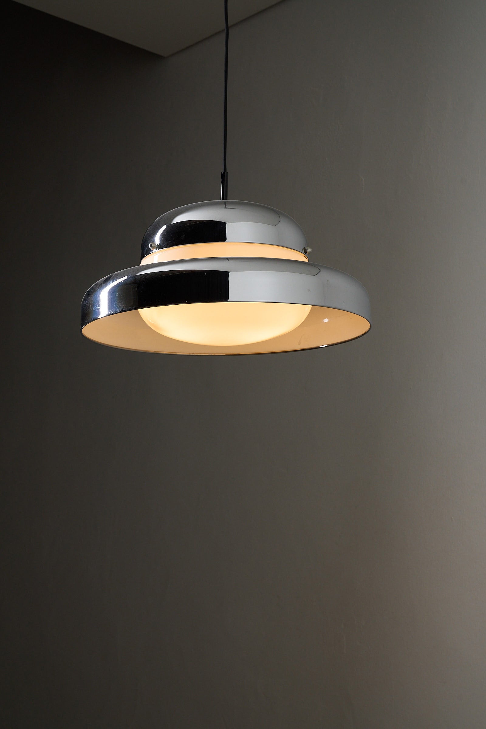 Cosack Chrome Pendant with Opaline Glass Diffuser, 1960s hanging lamp with ambient glow