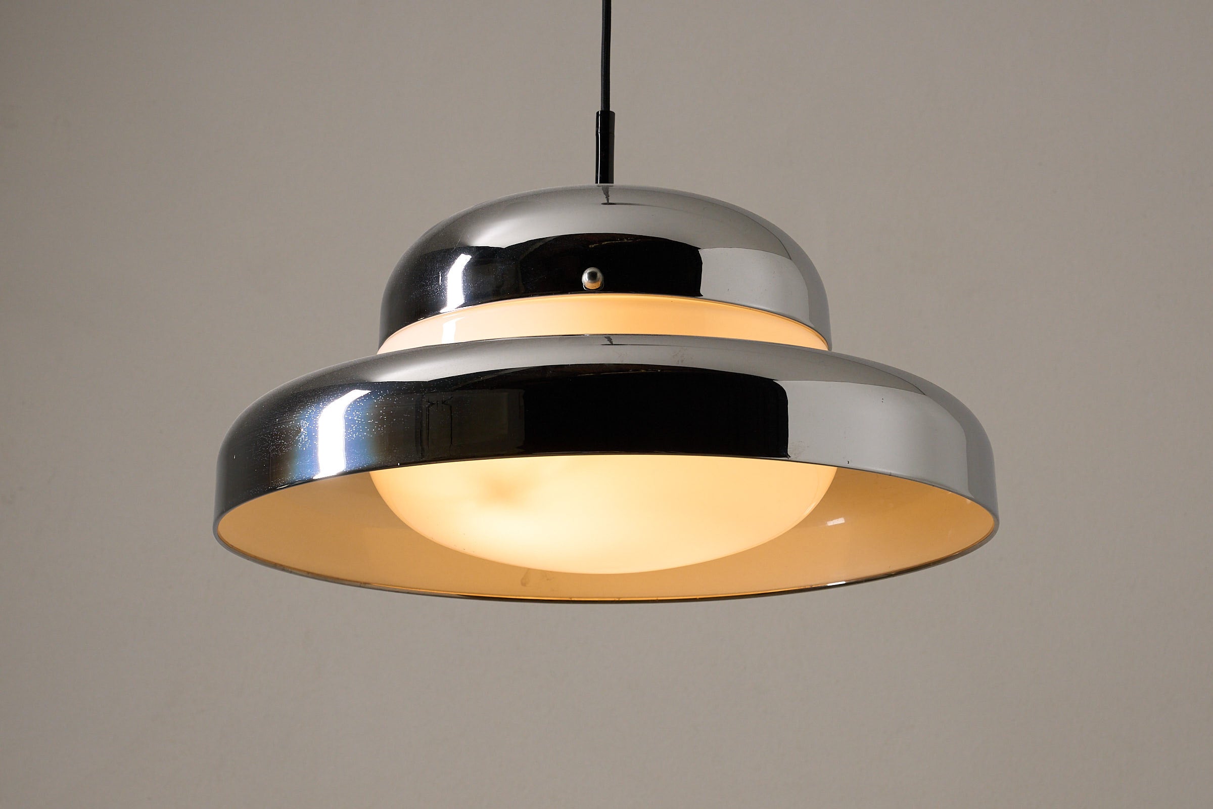 Cosack Chrome Pendant with Opaline Glass Diffuser, 1960s, showcasing mid-century modern design and ambient lighting.