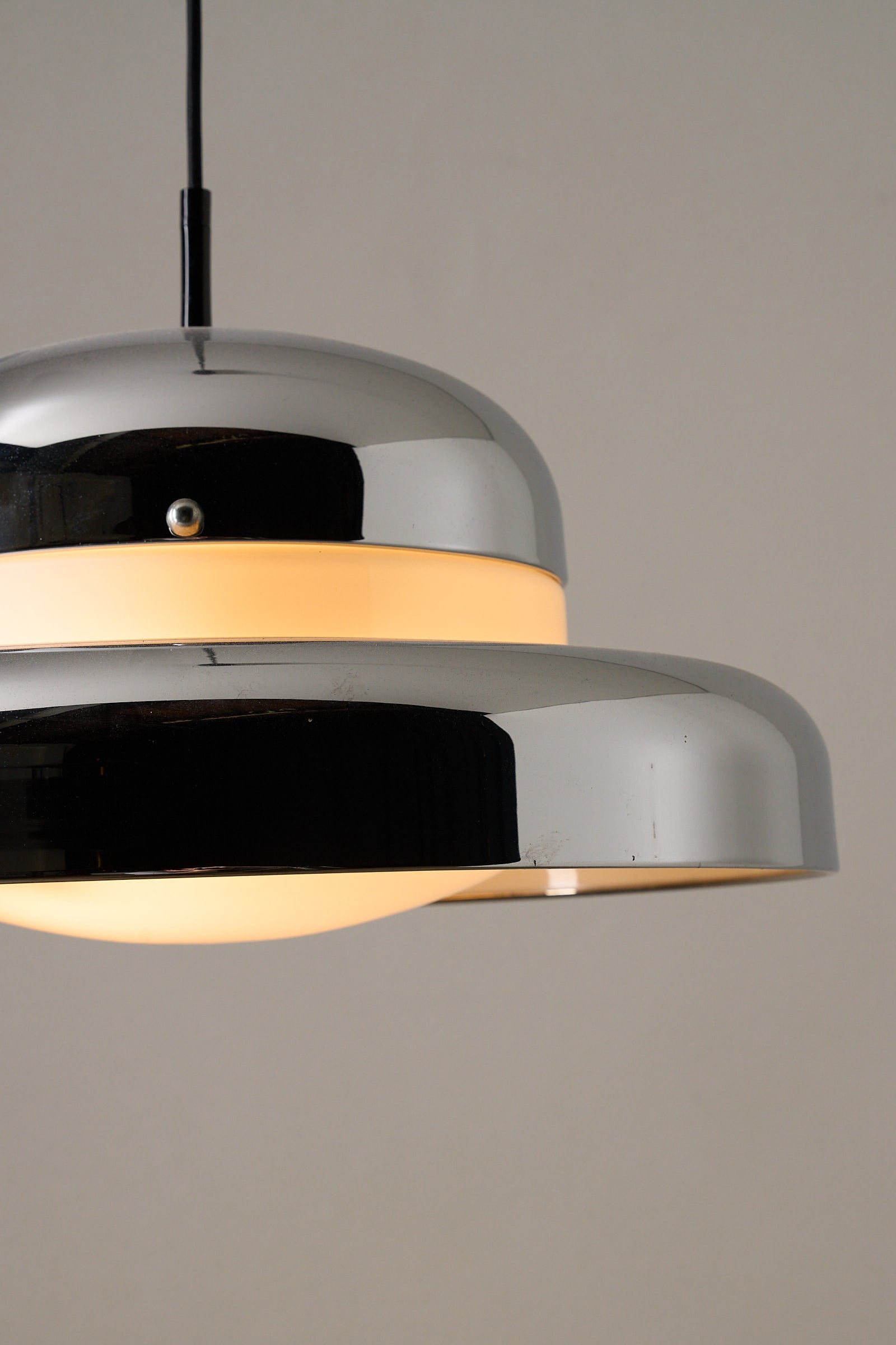 Cosack Chrome Pendant with Opaline Glass Diffuser, 1960s showcasing chrome design and ambient glow.