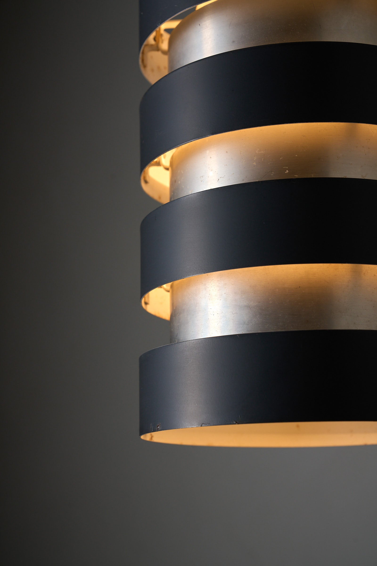 Fog & Mørup “Eiffel” Pendant by Jo Hammerborg, Denmark, 1960s with alternating black and brushed aluminium design.