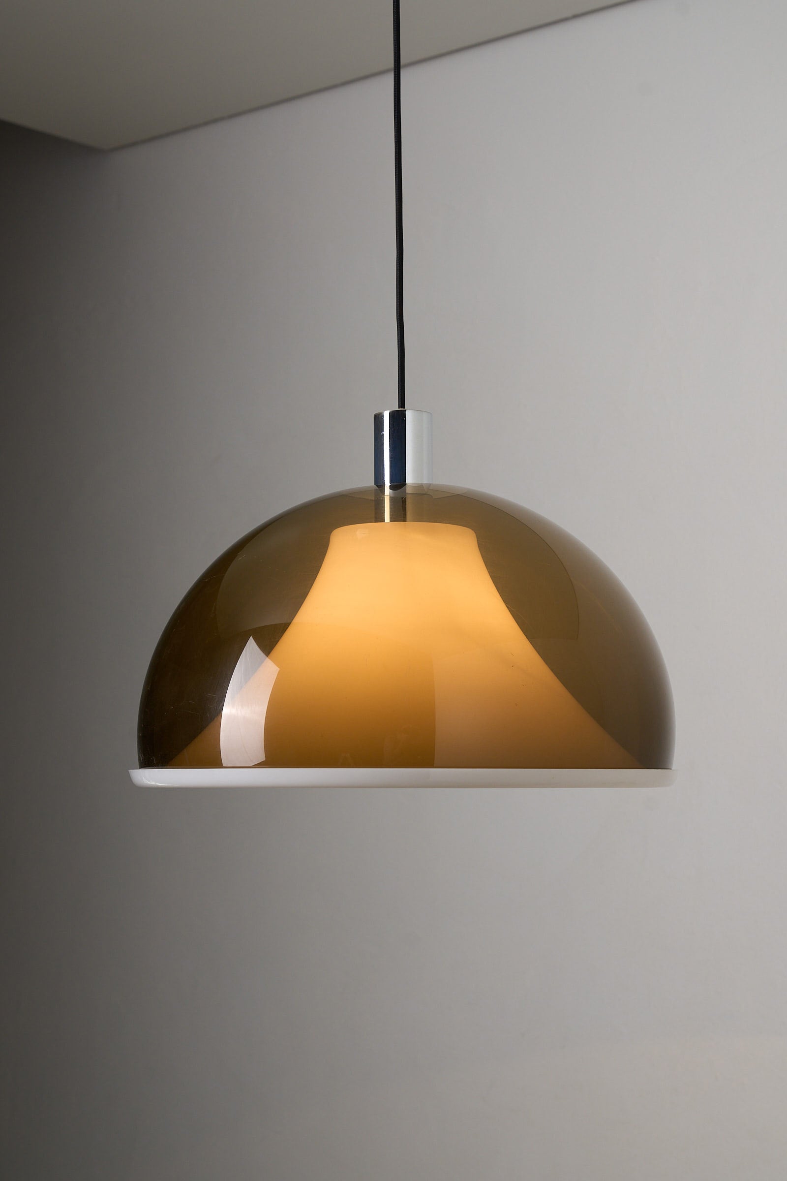 Space Age Ceiling Lamp in Brown Smoked Acrylic, 1970s with dome-shaped shade and inner white diffuser.
