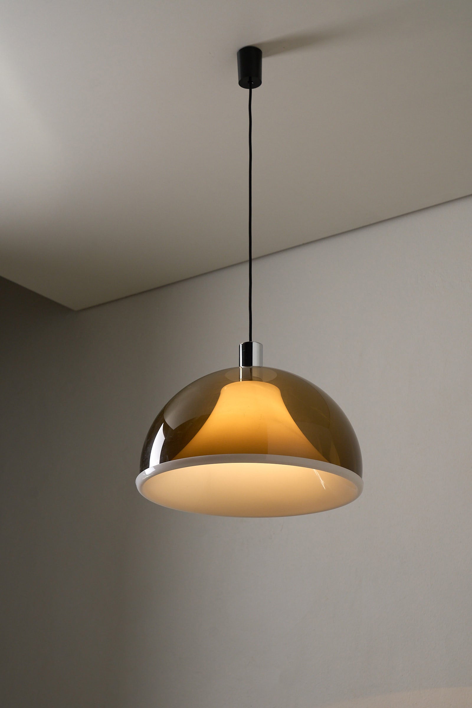 Space Age Ceiling Lamp in Brown Smoked Acrylic, 1970s with dome-shaped shade and soft warm glow.