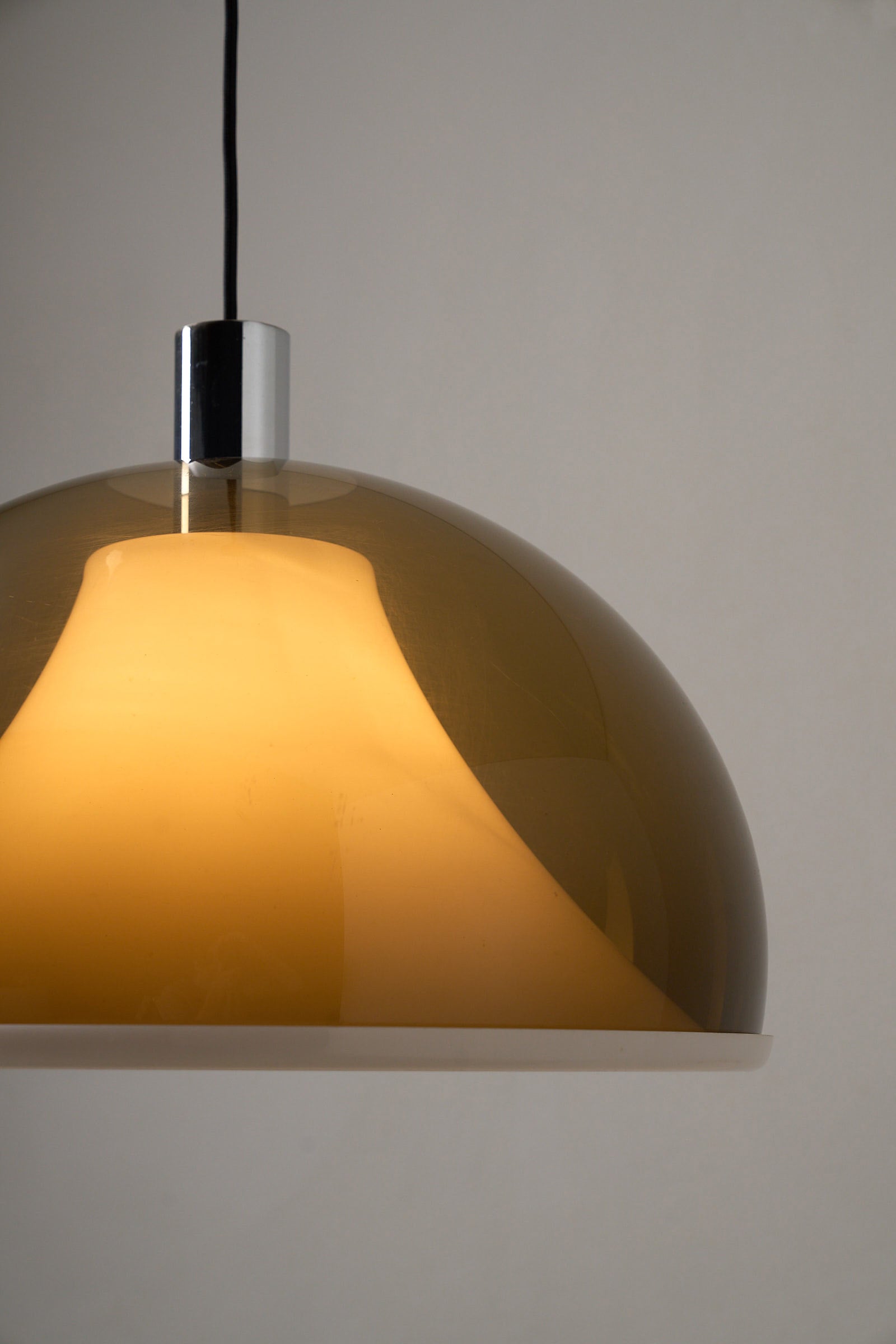 Space Age Ceiling Lamp in Brown Smoked Acrylic, 1970s with dome-shaped shade and chrome finish.