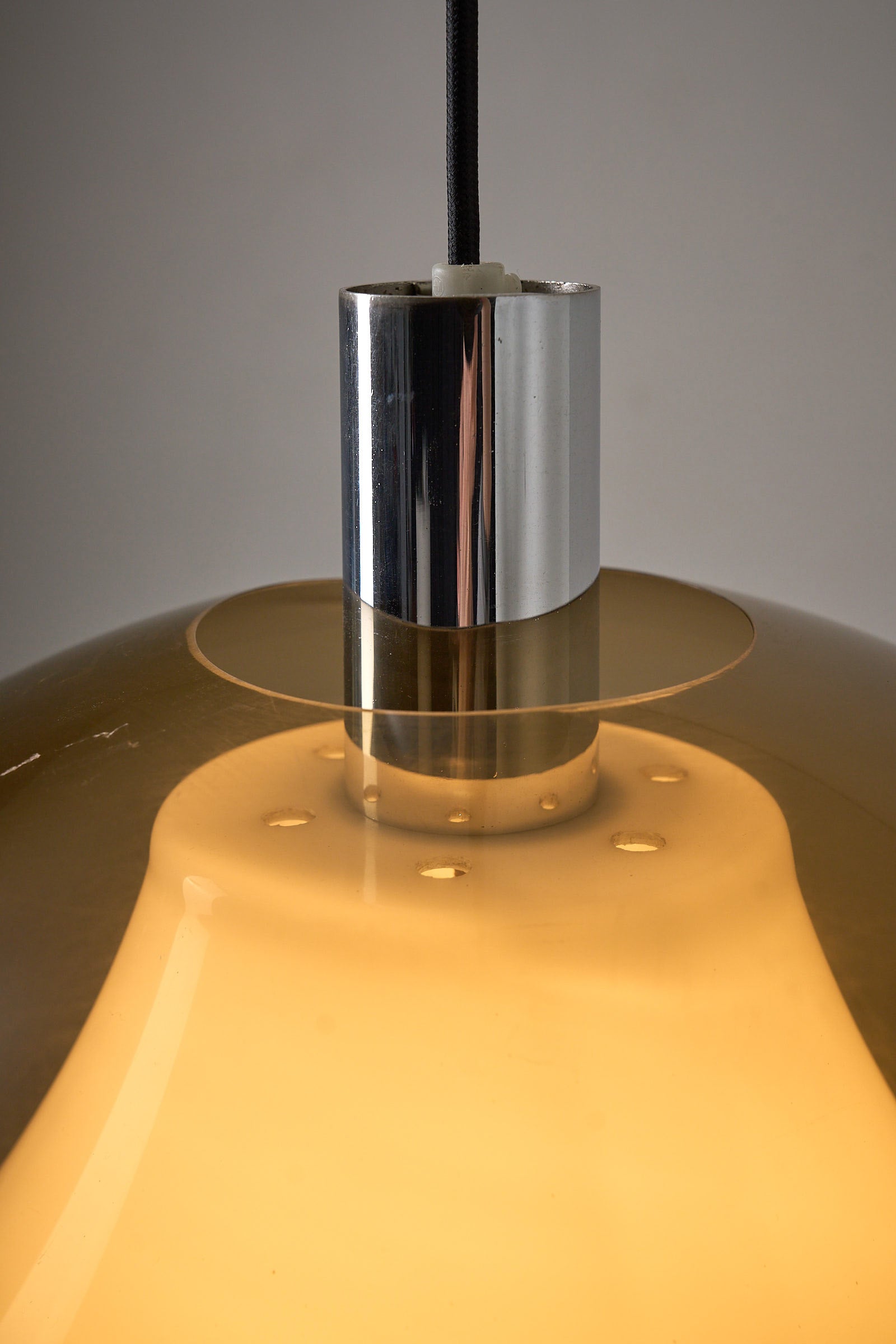 Space Age Ceiling Lamp in Brown Smoked Acrylic, 1970s with chrome detailing and amber shade.