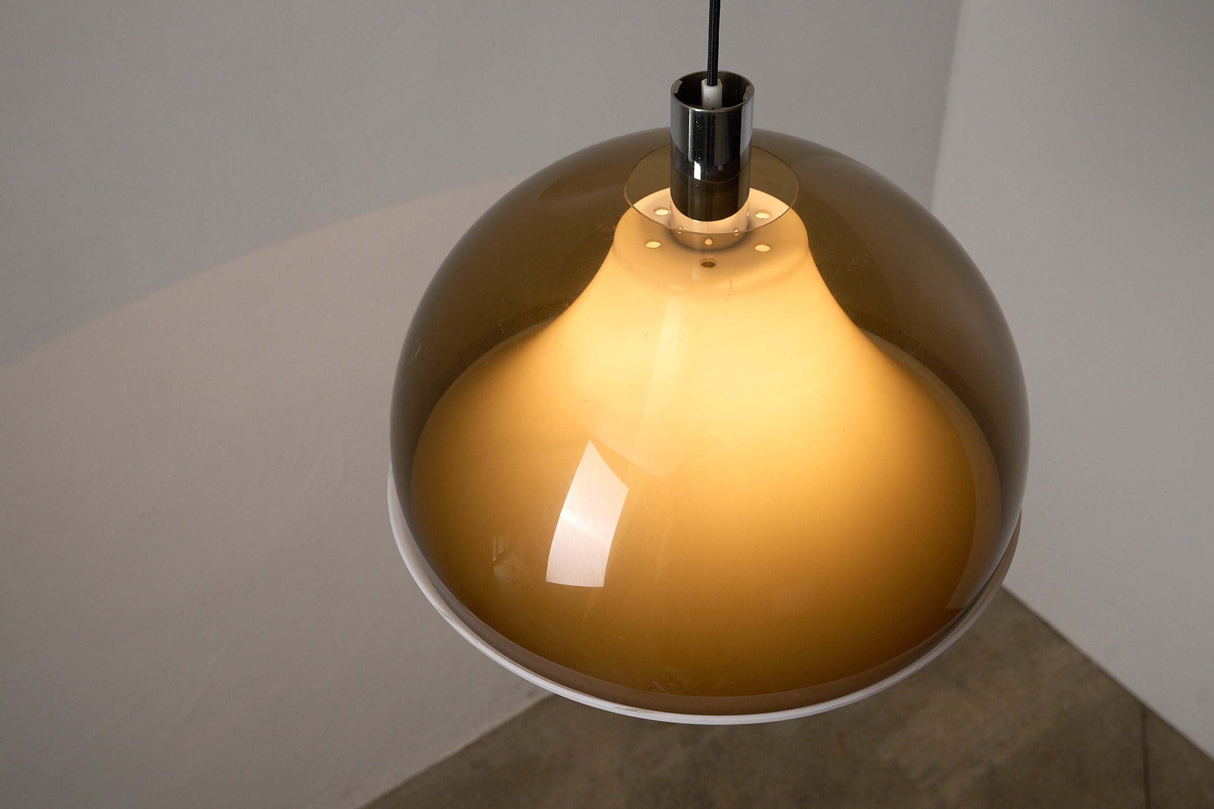 Space Age Ceiling Lamp in Brown Smoked Acrylic, 1970s with a dome-shaped shade and warm light.