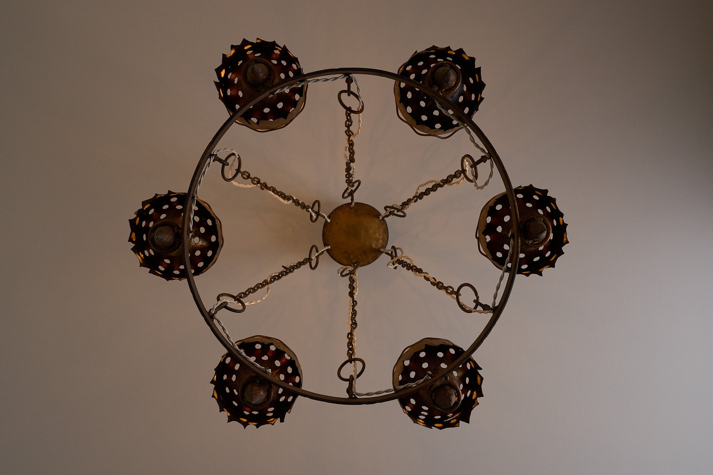 Wrought Iron Chandelier with Six Torch-Shaped Lights, 20th Century viewed from above, showcasing its intricate design.