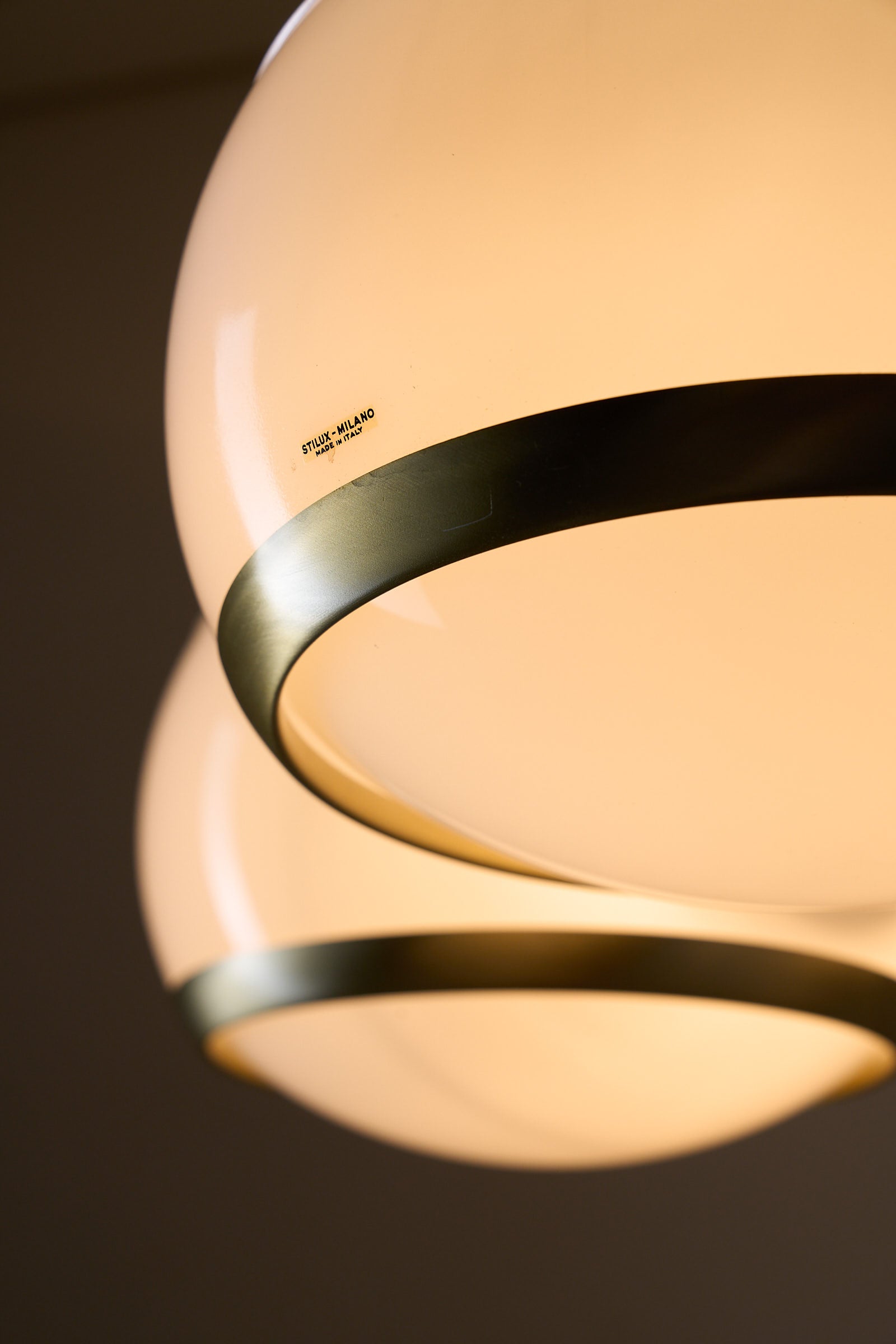 Stilux Milano “Aragona” Ceiling Lamp, Italy, 1960s with opaline globes and brushed brass details.