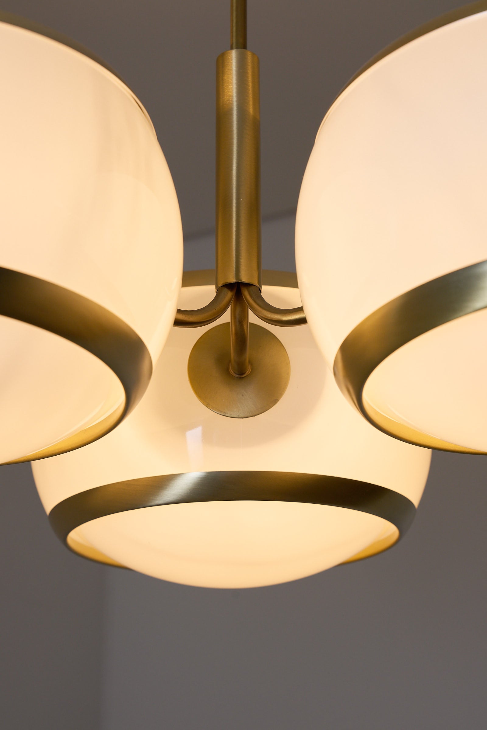 Stilux Milano "Aragona" Ceiling Lamp, Italy, 1960s featuring opaline globes and brushed brass details.