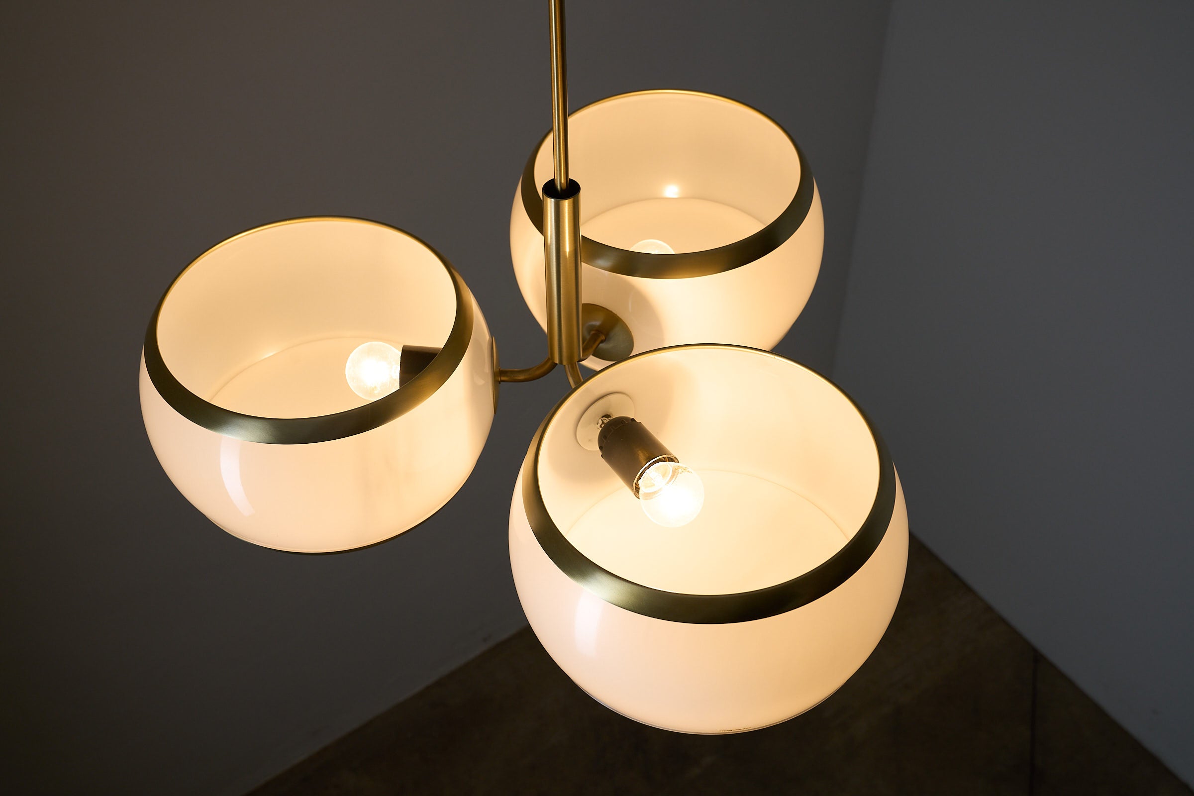 Stilux Milano “Aragona” Ceiling Lamp, Italy, 1960s with opaline globes and brushed brass accents.