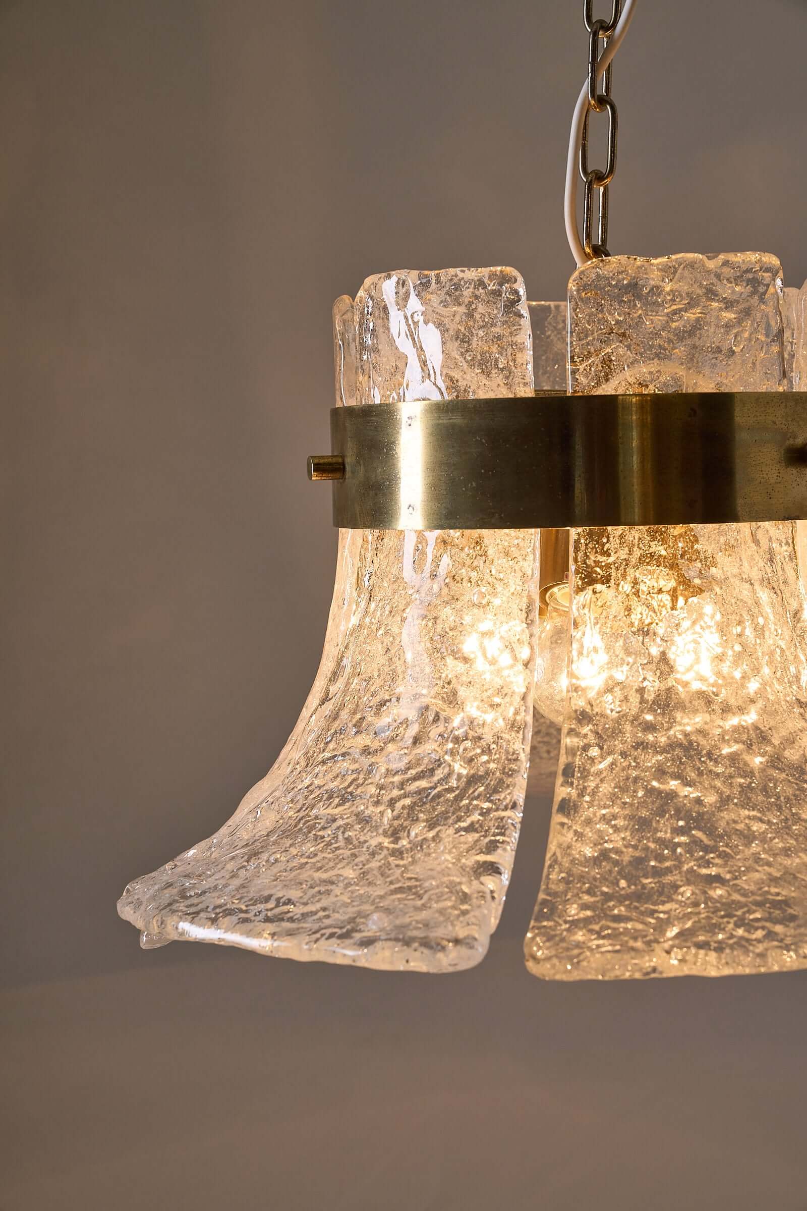 Carlo Nason for Kalmar Glass Chandelier, modular six-panel pendant lamp with Murano glass and brass, 1970s.