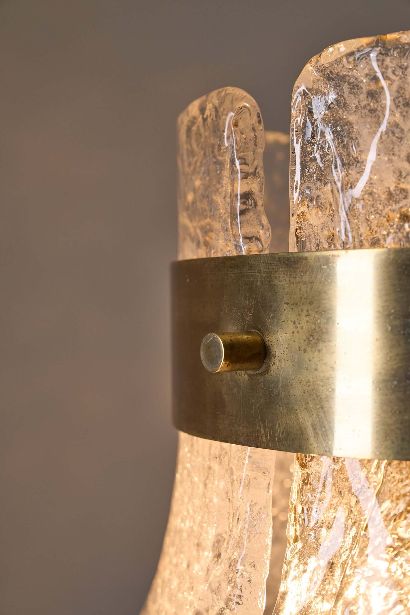 Close-up of Carlo Nason for Kalmar Glass Chandelier, detailing brass and Murano glass craftsmanship.