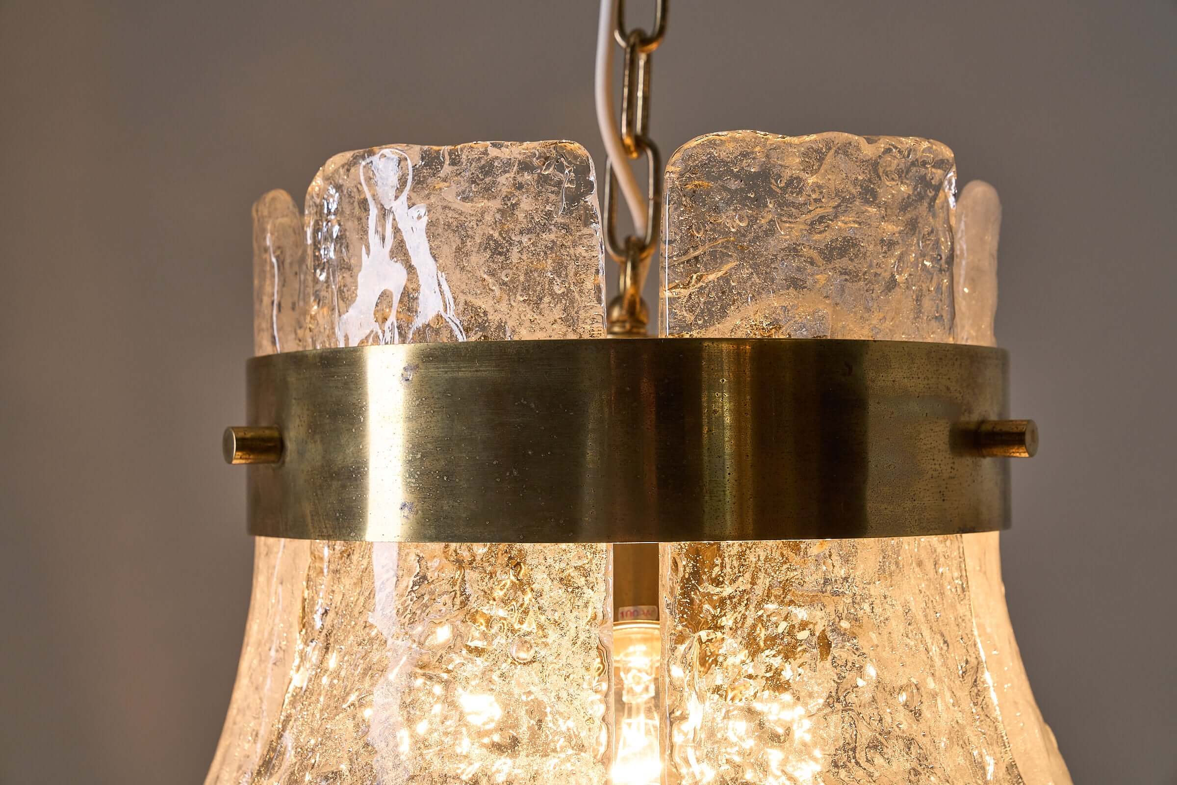 Close-up of the Carlo Nason for Kalmar Glass Chandelier, featuring hand-blown Murano glass and brass details.