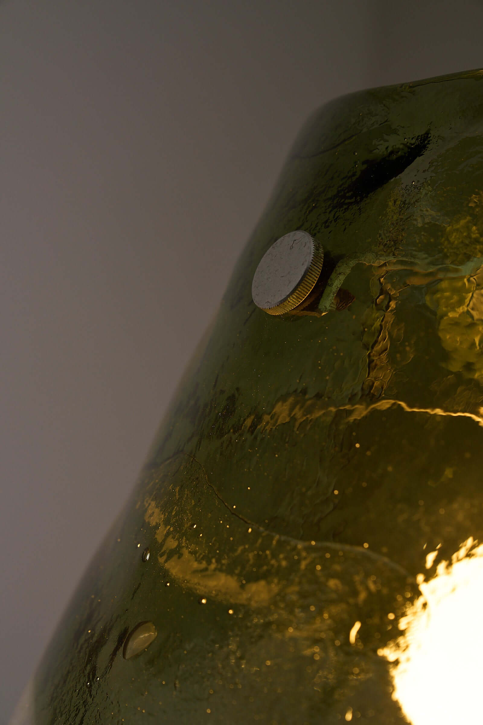 Carlo Nason Two-Tone Glass Chandelier, Moss-Green close-up showing unique moss-green Murano glass details and brass accent.