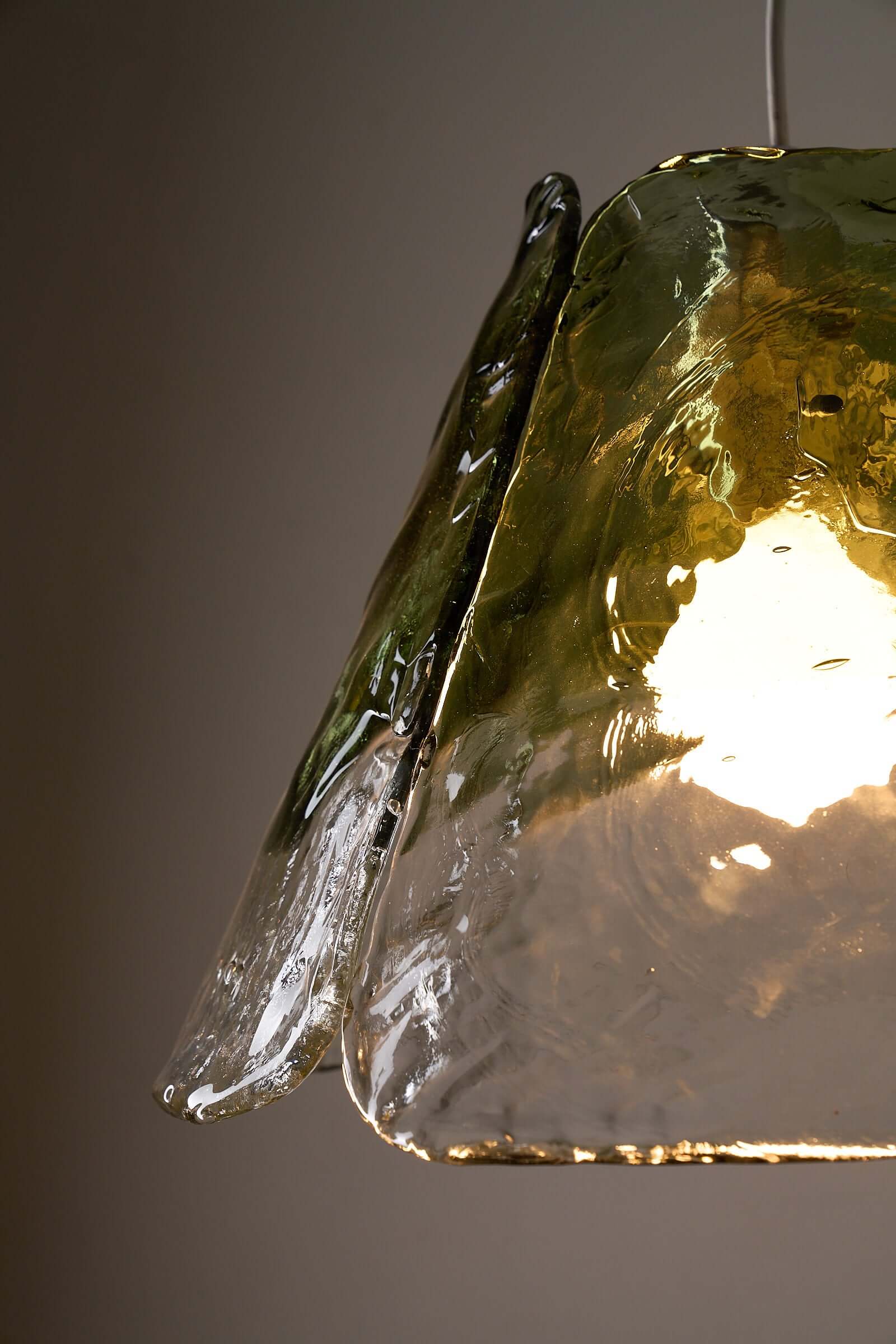 Carlo Nason Two-Tone Glass Chandelier, Moss-Green with hand-blown Murano glass and brass design.