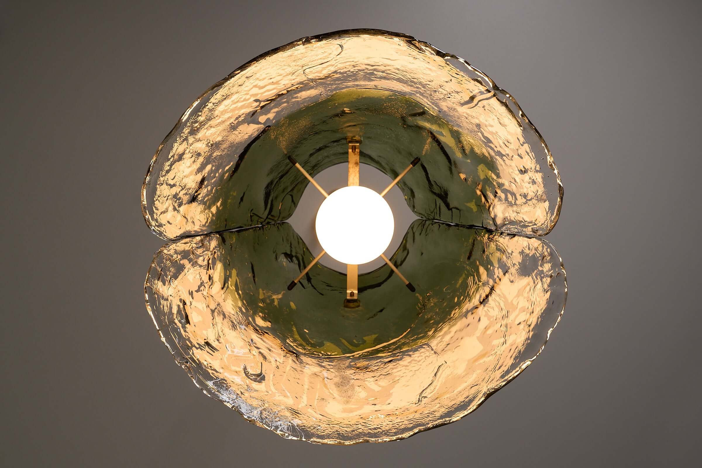 Carlo Nason Two-Tone Glass Chandelier, Moss-Green viewed from above, showcasing Murano glass and brass design.