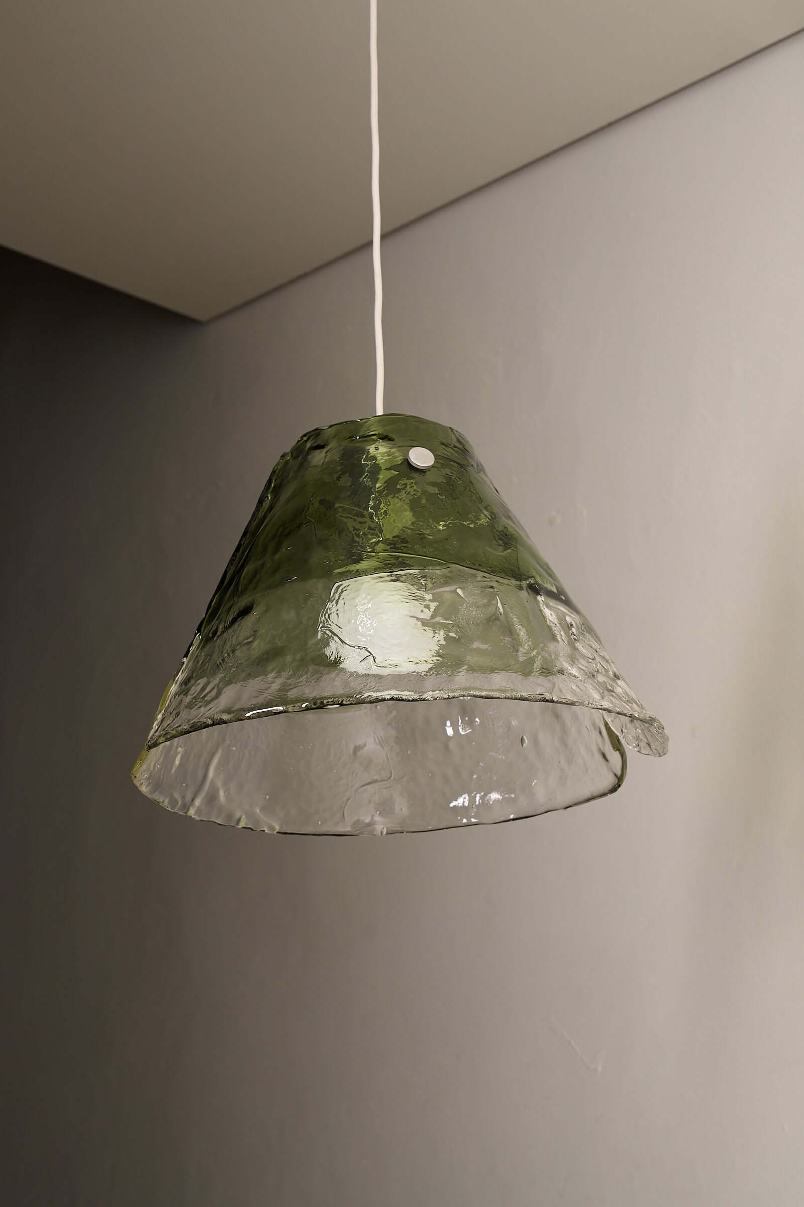 Carlo Nason Two-Tone Glass Chandelier, Moss-Green with unique modular panels of glass in a stylish conical shape.